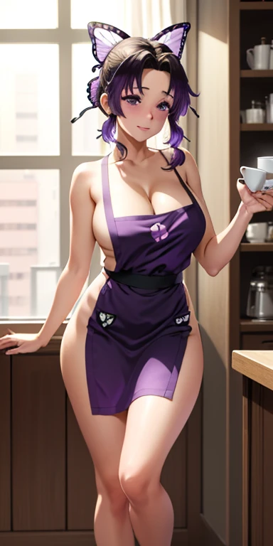 1girl, solo, purple hair, butterfly hair ornament, (naked:1.3), (white apron), large breasts, cleavage, thighs, cafe background, (blushing:1.3),purple eyes, standing, realistic eyes, perfect shaped beautiful body, Shizuka Mikazuki