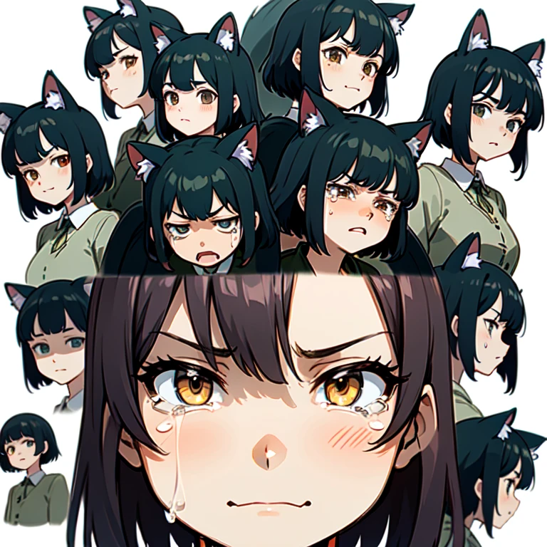 ((Oblablyma)), ((Max Quality)), (Character Design Sheet, Same Character, Front, Profile, Soles), Portrait from the neck up, Facial expression change scene, (Facial expression pattern, Eyes closed, Bored expression, Anxious face, Serious expression, Smile, Crying face, Lamenting, Opening mouth) Illustration, 1 girl, hair color, Bangs, Hairstyle fax, Eyes, Hairstyle Fax, Pose Jitai, Ladies, Kemono, Cat Ears, Black Hair, Short Hair, (Simple Background, White Background: 1.3)