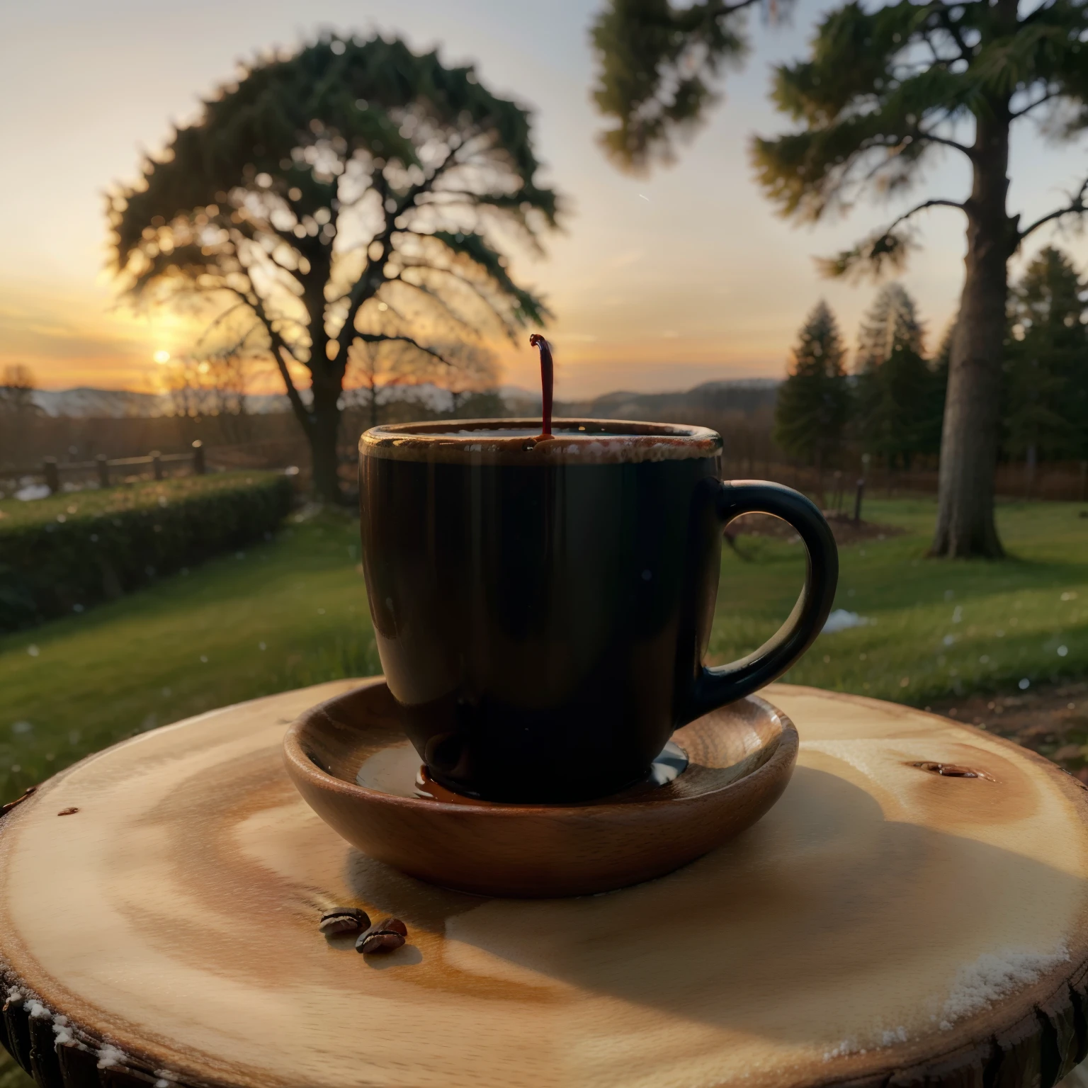 black cup of coffee, perfect coffee, low wooden coffee fable made from raw wood, garden visible in the background, focus on the coffee cup, second plan slightly blurred, masterpiece, best quality, award winning, instagram style, morning sunset light, 8k, accurate, perfect photo, winter, a little bit of snow in the background, trees covered by snow,
