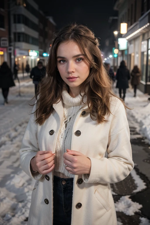 professional portrait photograph of a gorgeous Norwegian girl in winter clothing with long wavy blonde hair, sultry flirty look, gorgeous symmetrical face, cute natural makeup, wearing elegant warm winter fashion clothing, ((standing outside in snowy city street)), stunning modern urban environment, ultra realistic, concept art, elegant, highly detailed, intricate, sharp focus, depth of field, f/1. 8, 85mm, medium shot, mid shot, (((professionally color graded))), bright soft diffused light, (volumetric fog), trending on instagram, hdr 4k, 8k