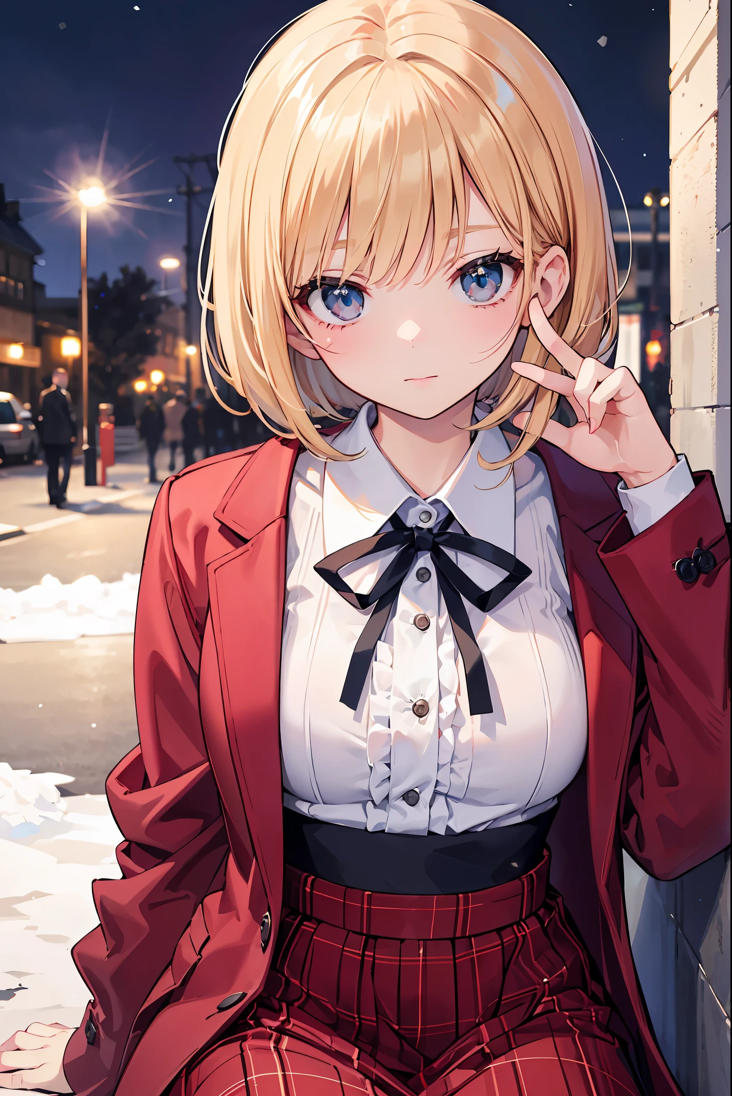 A high school girl in the style of Japanese anime illustration from 2020 with a detailed and realistic background that has depth and texture. The girl has blonde hair in a short one-length braided ponytail bob cut and wears a western long dress with a lot of frills, lace, and luxury. The theme is a formal schoolyard and the image is a portrait with contrast. The language in the image is Japanese and the romanization is English. The girl\'s eyes are realistic, complex, and detailed, and her skin texture is very fine. The girl\'s posing is instructed by a world-famous master and the image has a sense of dynamism. The girl\'s figure is a cowboy shot. The image size is 1024 x 1536 pixels. The girl is waiting for her boyfriend in the schoolyard. The girl wears a coat and the background has a winter scenery, night, and white snow. The girl is a daughter of a noble family and has a lively gesture. The girl is riding a carriage from a mansion.