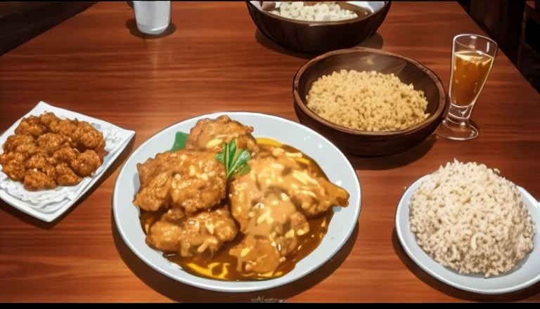 Gyoza on the first plate、Shark fin rice for second dish、Third dish is fried chicken。