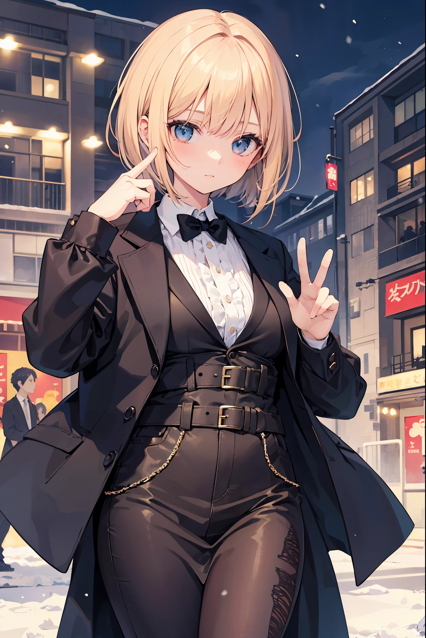 A high school girl in the style of Japanese anime illustration from 2020 with a detailed and realistic background that has depth and texture. The girl has blonde hair in a short one-length braided ponytail bob cut and wears a western long dress with a lot of frills, lace, and luxury. The theme is a formal schoolyard and the image is a portrait with contrast. The language in the image is Japanese and the romanization is English. The girl\'s eyes are realistic, complex, and detailed, and her skin texture is very fine. The girl\'s posing is instructed by a world-famous master and the image has a sense of dynamism. The girl\'s figure is a cowboy shot. The image size is 1024 x 1536 pixels. The girl is waiting for her boyfriend in the schoolyard. The girl wears a coat and the background has a winter scenery, night, and white snow. The girl is a daughter of a noble family and has a lively gesture. The girl is riding a carriage from a mansion.

