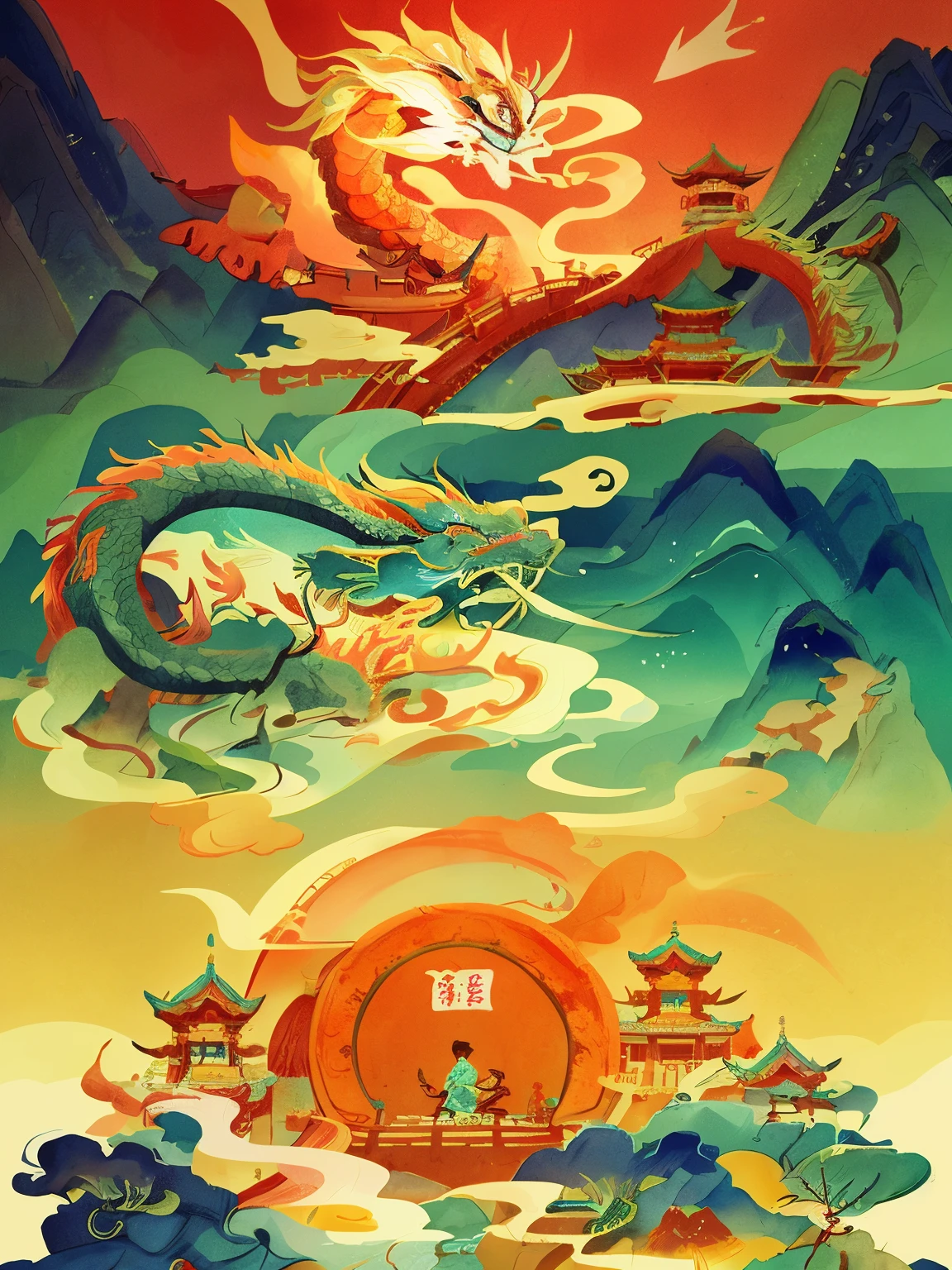 Close-up of dragon and building painting, Chinese dragon concept art, dragon art, A beautiful artistic illustration, g liulian art style, Japanese traditional concept art, Chinese watercolor style, studio ghibli and dan mumford, Highly detailed digital art, Watercolor detailed art, Chinese fantasy, Chinese painting style, Victor May and Tristan Eaton