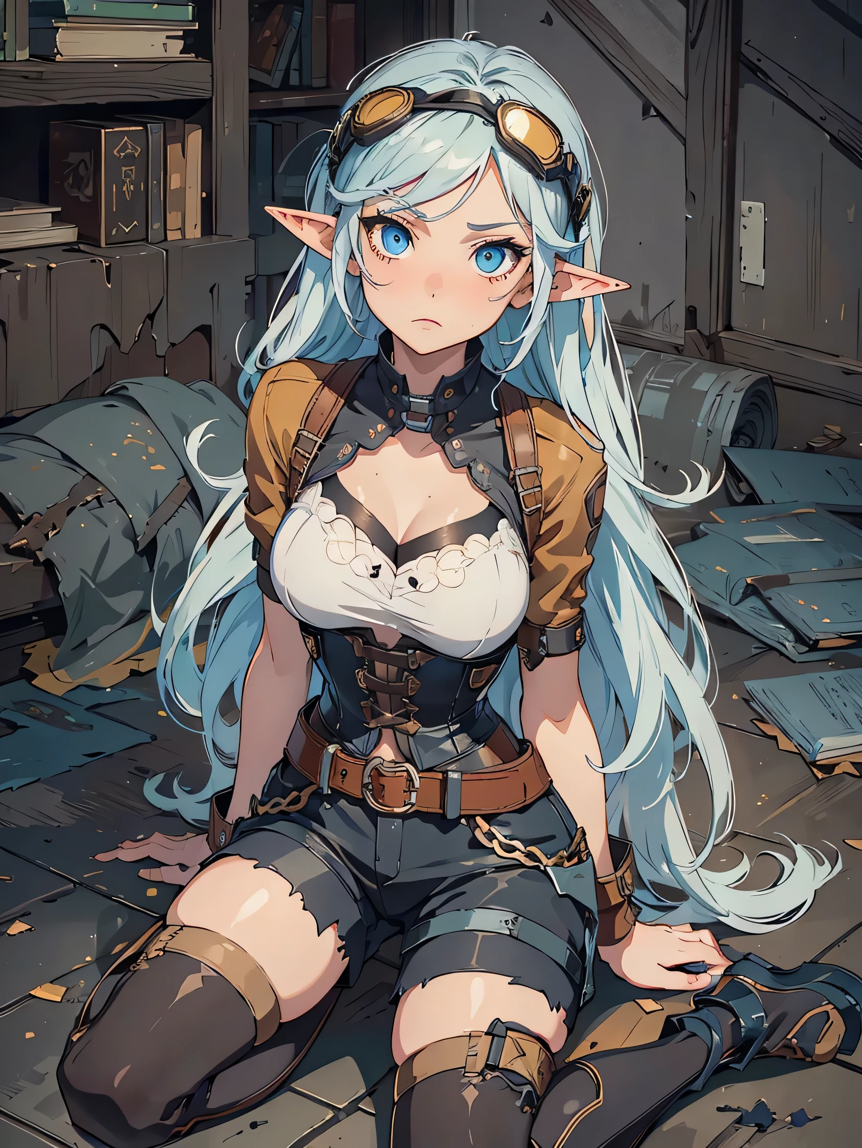 Camera angle from above BREAK: masterpiece, high quality, 1_woman, (((full body))), (((laying on the ground))), laying on back, character holding her own arm, hurt, cuts, (exotic skin_complexion:1.4),mature, tall, beautiful, exotic, with long elf ears, looking at camera, long hair, silver hair, detailed face, angry expression, laying on the ground, having diamond shaped eyes, blue eyes, (dark_eyeliner), long_eyelashes medium_bust, thigh gap, wearing Steampunk corset, chest window, (brown shorts), crossing belts, (goggles on head), red tinted goggle lenses, torn clothing, long fingerless_gloves, belts with metal gears, ripped clothing, black thigh highs with embroidery, knee boots with laces, injured, hurt, bloody, bruised, dynamic lighting casts detailed shadows. BREAK: library, abandon building, old rustic library, ruined books, debris, broken walls, ominous light,