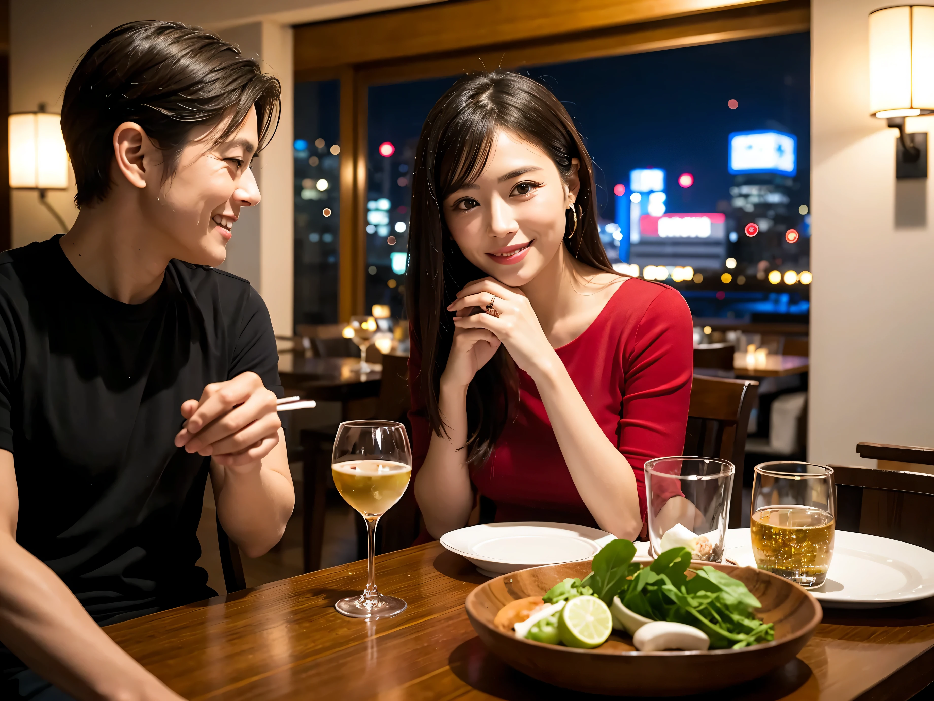 ((Two people, male and female)), (masterpiece:1.2), high quality, high resolution, realistic, High-definition images like those taken with a high-end camera, in a bistro, enjoying a meal, enjoying wine, Japanese man with curly black hair, 24 years old, Japanese woman with long black hair, cute, 18 years old, eating western cuisine, intimate atmosphere, soft lighting, cozy bistro interior