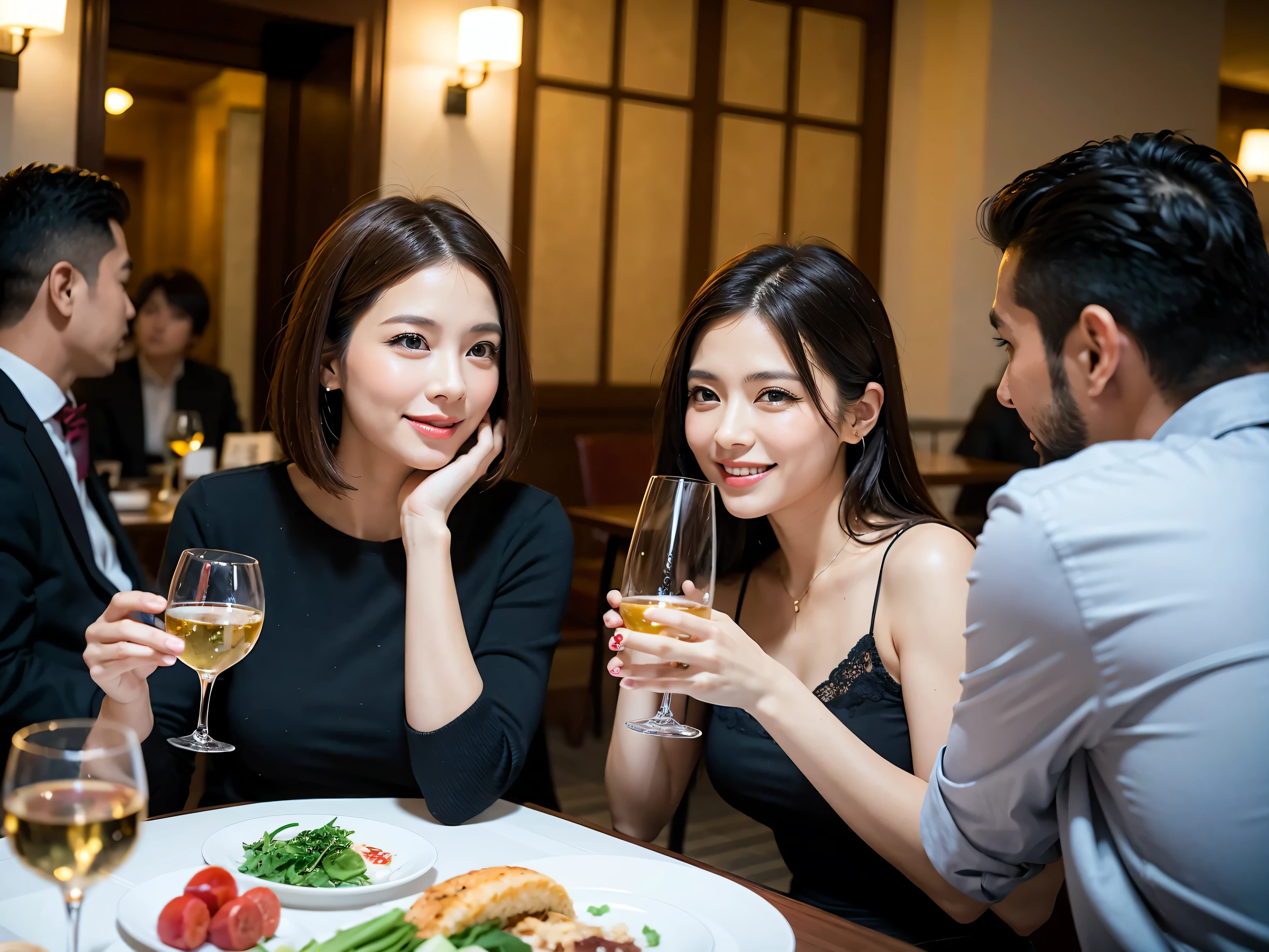 ((Highest quality、8K、masterpiece:1.3))、slimカップル、modelカップル、(Realistic, Intricate details:1.2), full-course dinner、Wine Party、Amazing view of the sunset sky and clouds、A bright smile、The wonderfulness of smile、Bright image、The beauty of wine, Beautiful Face, blue eyes, The light shines on your face, Blushing, short hair,Bright Face、 (Age 37), 39 years old, red wine 、Appetizers、Italian food、Wine bottle、Champagne、sparkling wine、Two beauties、Brown Hair、Shortcuts、Long sleeve shirt、dress、Beautiful woman 1, (slimな顔), (The body is slim), (Brown Hair), (Shortcuts), cheeks turn a little red,Attractive beauty、restaurant, In a prominent place (From the waist up) Nova Frog Style, actress, model, Upper Body, White wine, slim, wine glass, 中央に置かれたwine glass, smile, (smile: 1.15), Beautiful fine grain, Depth f/2,saturation, High Contrast, Strong light and shadow,Moist Body:1.5、3D texture、Delicate eyes、Brown Hair、The hair is very shiny、