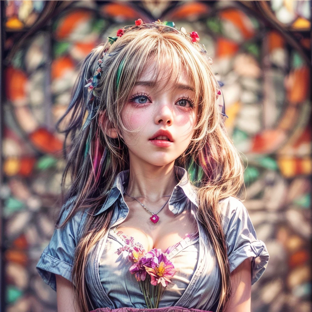 (NSFW:-0.98) . White and Red, (Dazzling colorful light pours down and reflects:1.2), (Physically-based Rendering with incredible detailed Textures), Award-winning Masterpiece of professional Analogue photograpy, { (((Photorealistic:1.37))) | (Hasselblad with F2.8) }, (((Acutance:0.99, Dynamic- Closeup:1.37), { from below | from side } )) . (KAWAII girls in (school uniform)) with visible Overflowing Cleavage and Navel without bra . (((Extremely detailed KAWAII face variations)) with joyful expressions), { Glossy cute Lips Closeup | Detailed natural eyes with sparkling highlights and long eyelashes | Rosy cheeks | Navel | (pretty Ass) | (Overflowing underboob) | Oiled ivory skin Details | White panties with (blood seeping only in crotch area) | ((full of Flowers covering girl's body:1.15)) | (((Dazzling colorful stained glass with stunning elaborate details:1.2))) | Mystic sight | A Halo ling in the air | God rays | Haze | Lens flare } . Ultra-detailed, (Exposed:0.8), (((Nipple:-0.9))) .