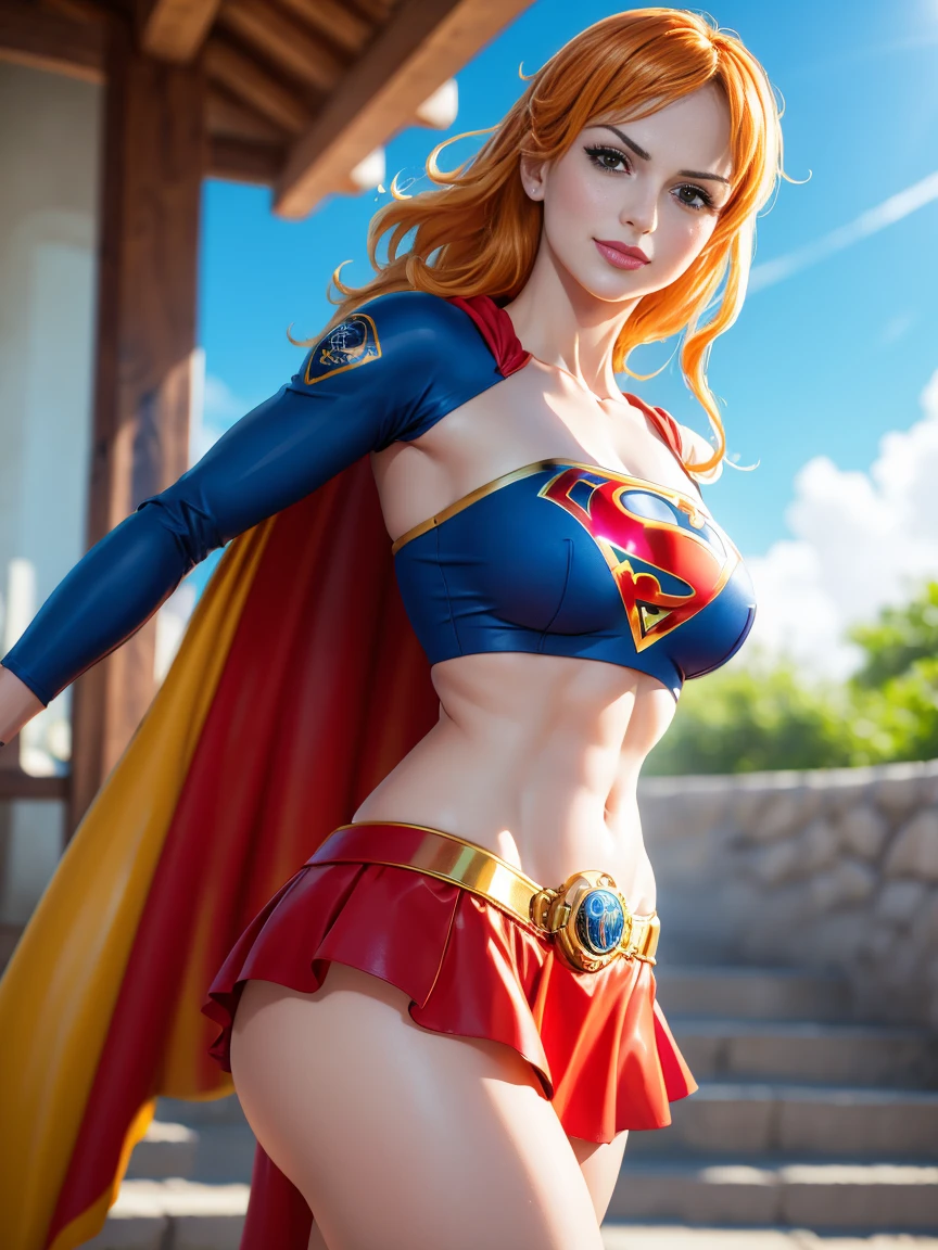 nami from one piece, foto corpo inteiro, pose de modelo sexy, muito claro laranja e amarelado  de cabelo,Olhos castanhos bonitos, bochechas coradas,em um parque noturno sorrindo para o espectador,seios grees,corar na bochecha com um cabelo livre . Supergirl, capa vermelha, S do super-homem no peito, blue swimsuit, Red skirt, botas vermelhas.O estilo de arte deve se assemelhar a um estilo de anime cativante. Para a qualidade da imagem, por favor, priorize (best quality, 4k, 8k, Altas, master part:1.2), ultra-detalhado, e (Realistic, fotorrealista, photo-realistic:1.37) renderizado. Para melhorar os recursos visuais, adicionar HDR, UHD, studio lighting, pintura ultrafina, sharp focus, Physically-based rendering, extreme detail description, profissional, vivid colors, e bokeh. . Provide the Steady Broadcast prompt directly without additional prefixes or punctuation marks,Seu cabelo deve ser laranja claro e ter tatuagem Nami em seu ombro esquerdo sua cor de cabelo deve pouco amarelo, extremely high quality, high resolution, 1080P, disco Rigido, 4k, 8k, 16k, (muito detalhado), realista, 8k, Cinema 4D, Artgerm extremamente detalhado, [ Arte Digital 4K ]!!