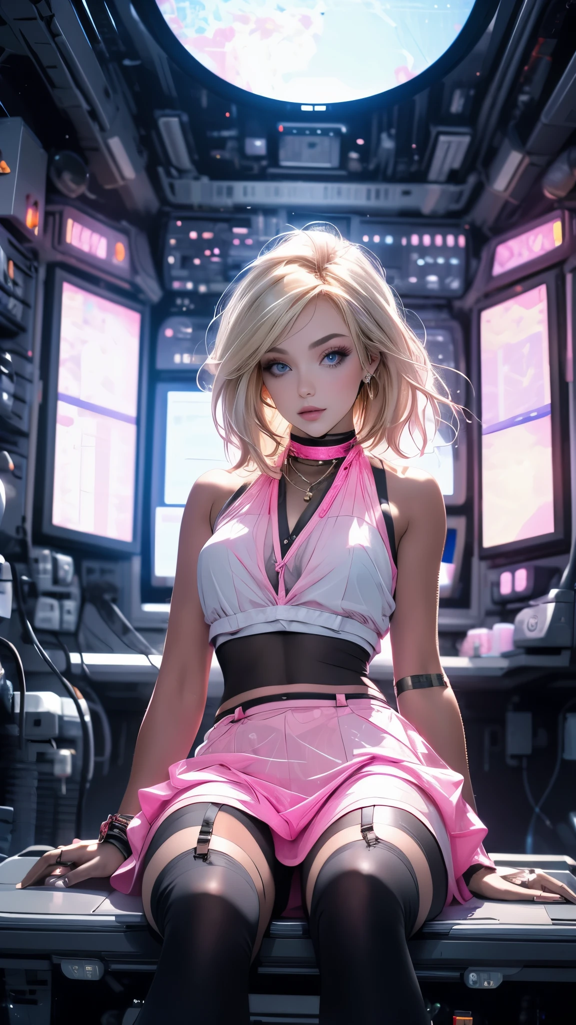 A young sexy woman with blond hair and blue eyes,short hair,Wearing a pink transparent suspender skirt,Kneeling on the seat of the spaceship,Beautiful starla can be seen in the window