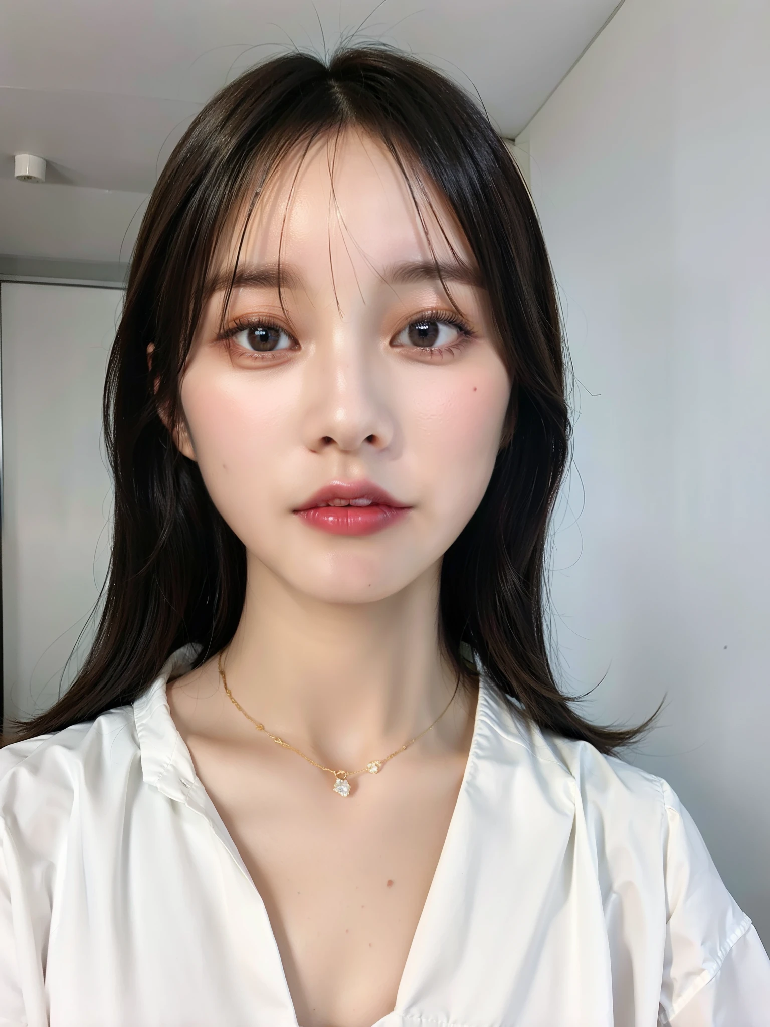 Un primer plano de una mujer con el pelo largo y negro que lleva una camisa blanca, south east asian con cara redonda, cara sexy con maquillaje completo, con labios muy finos, con cara redonda, small lips pointed nose, con mejillas redondas, an asian woman, maquillaje popular de corea del sur, maquillaje coreano popular, asian beautiful face, hermoso rostro estetico, hermosa mujer surcoreana