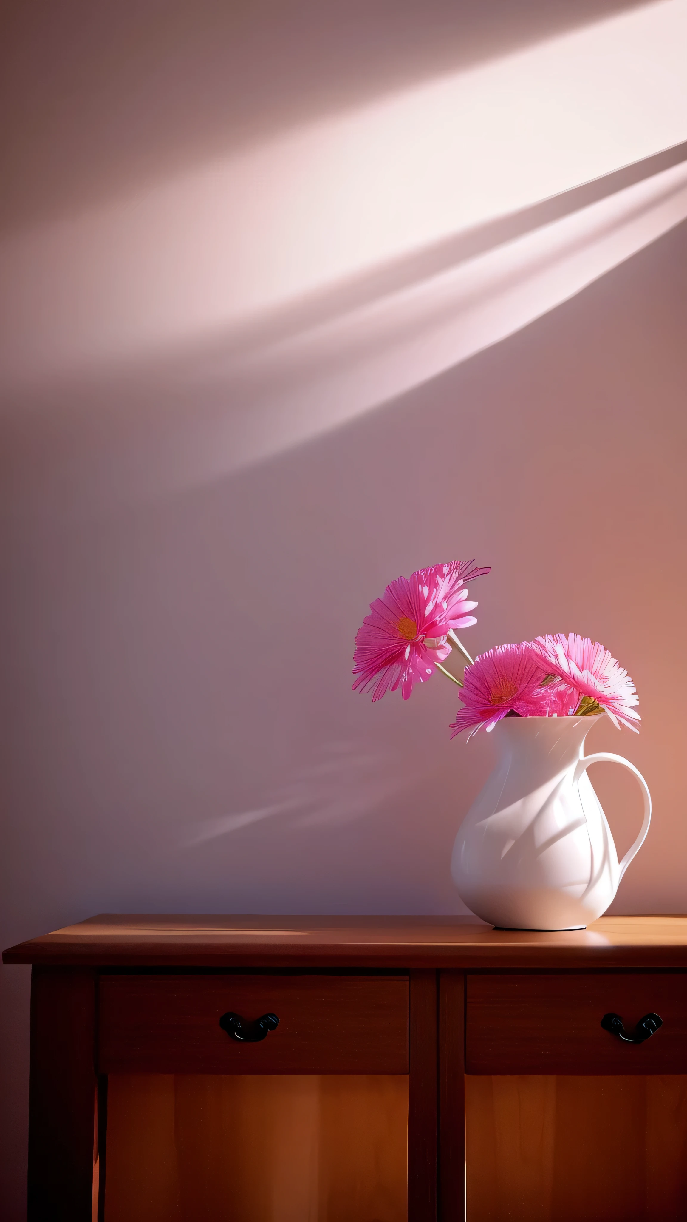 there is a vase with flowers on it in a room, surreal waiizi flowers, intense sunlight, very beautiful ambient light, soft bloom lighting, lights with bloom, beautiful natural backlight, pink zen style, light bloom sunlight, beautiful ambient light, beautifully backlit, stunning sunny lighting, glowing flowers, extremely beautiful lighting, light bloom, glowing from inside, beautifully