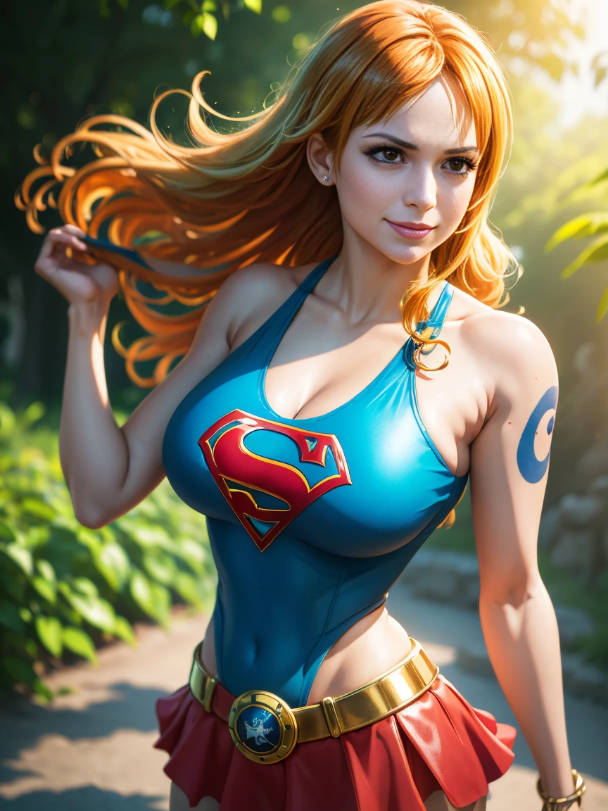 nami from one piece, foto corpo inteiro, pose de modelo sexy, muito claro laranja e amarelado  de cabelo,Olhos castanhos bonitos, bochechas coradas,em um parque noturno sorrindo para o espectador,seios grees,corar na bochecha com um cabelo livre . Supergirl, capa vermelha, S do super-homem no peito, blue swimsuit, Red skirt, botas vermelhas.O estilo de arte deve se assemelhar a um estilo de anime cativante. Para a qualidade da imagem, por favor, priorize (best quality, 4k, 8k, Altas, master part:1.2), ultra-detalhado, e (Realistic, fotorrealista, photo-realistic:1.37) renderizado. Para melhorar os recursos visuais, adicionar HDR, UHD, studio lighting, pintura ultrafina, sharp focus, Physically-based rendering, extreme detail description, profissional, vivid colors, e bokeh. . Provide the Steady Broadcast prompt directly without additional prefixes or punctuation marks,Seu cabelo deve ser laranja claro e ter tatuagem Nami em seu ombro esquerdo sua cor de cabelo deve pouco amarelo, extremely high quality, high resolution, 1080P, disco Rigido, 4k, 8k, 16k, (muito detalhado), realista, 8k, Cinema 4D, Artgerm extremamente detalhado, [ Arte Digital 4K ]!!