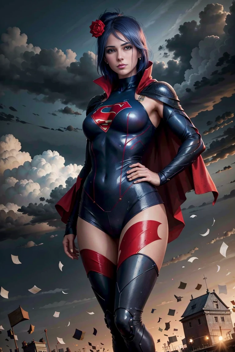 Pose de modelo sexy, qualidade mais absurda, (master part),(ultra-detalhado:1.2),(fotorrealista:1.1),(Altas), templo com chuva, 
1girl,
 Konan,  Supergirl, red cape, S do super-homem no peito, blue swimsuit, Red skirt, botas vermelhas,  Piercing labret, (:1.2), seios enormes, Athletic body, extremely high quality, high resolution, 1080P, disco Rigido, 4k, 8k, 16k, (muito detalhado), realista, 8k, Cinema 4D, Artgerm extremamente detalhado, [ Arte Digital 4K ]!!