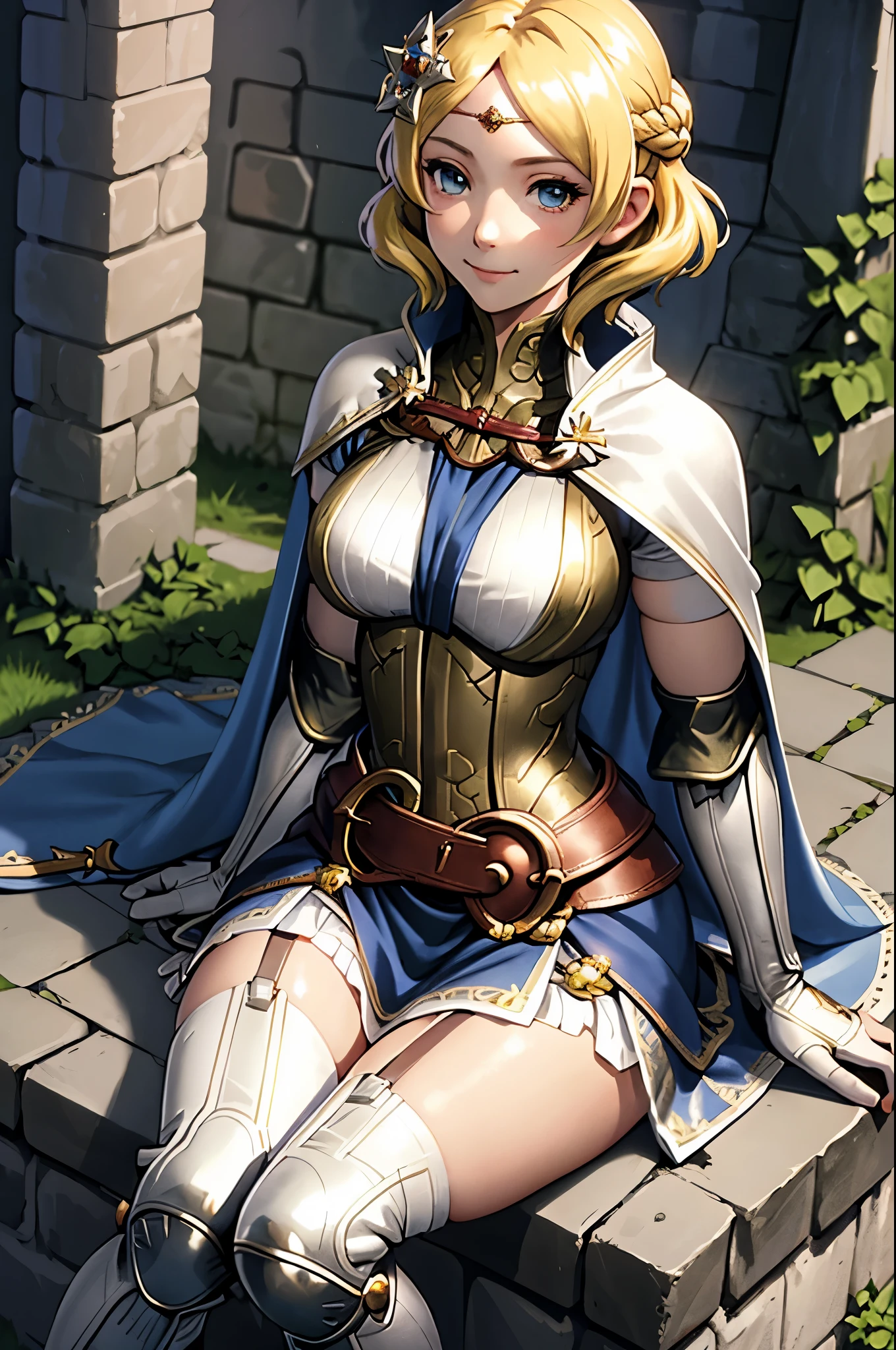 masterpiece, best quality, lianna, hair ornament, circlet, cape, armored dress, elbow gloves, blue skirt, thigh boots, garter belts, sitting, from side, hands on own lap, from above, smile, looking at viewer, closed mouth, medieval architecture, castle, garden 