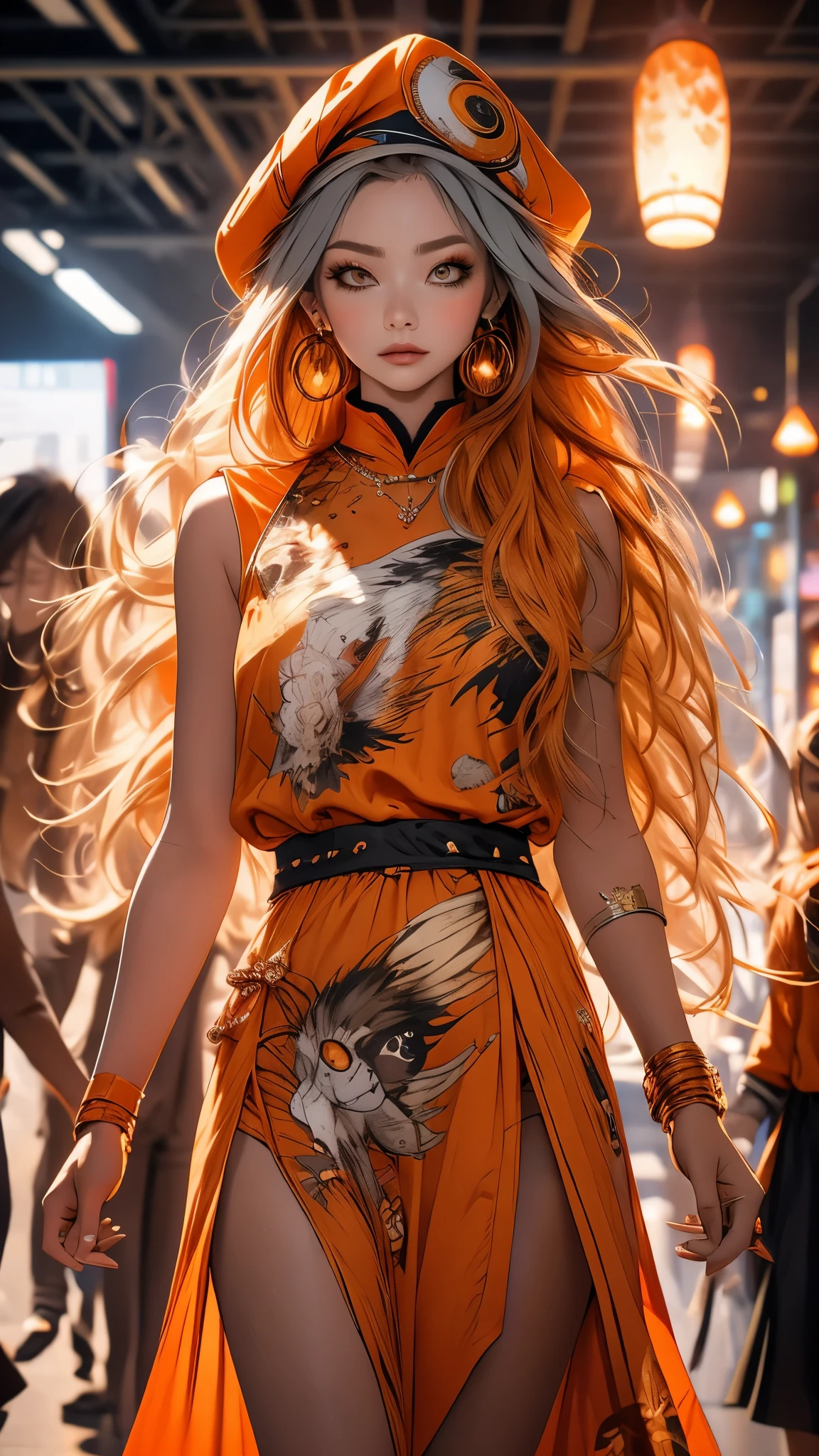 (masterpiece), best quality, Super detailed, illustration, warm light, bright colors, 1 girl, alone, very long hair, gray hair, orange hair, Orange inner hair, red eyes, Colored inner hair, bicolor hair, ahog, Ridiculously long hair, orange Colored inner hair, colorful hair, halo, , , jumpsuit, flowing hair, wind, one eye closed, staff, skirt, armor, hat, floating,, ,  