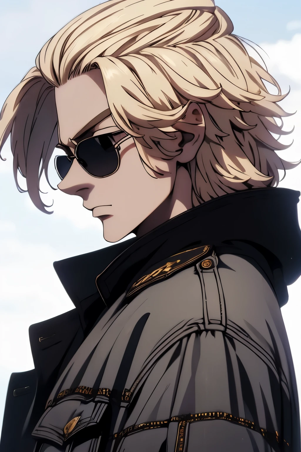 (best quality)), ((masterpiece)), (detailed), anime, shiro, tousled hair, front face, Jacket, no background, bloody clothes,  male, white background, side view, blond, shades, 