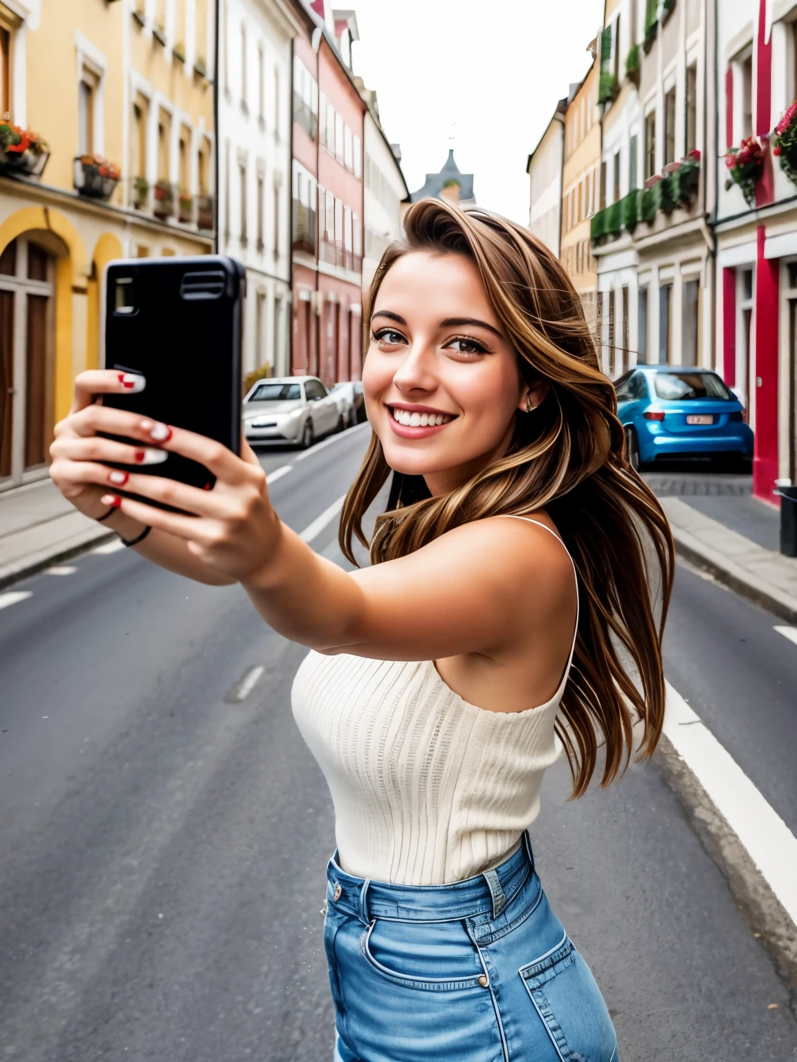 A normal street in Europe, cars pass by, people walk
european girl smiles and takes selfie on the street