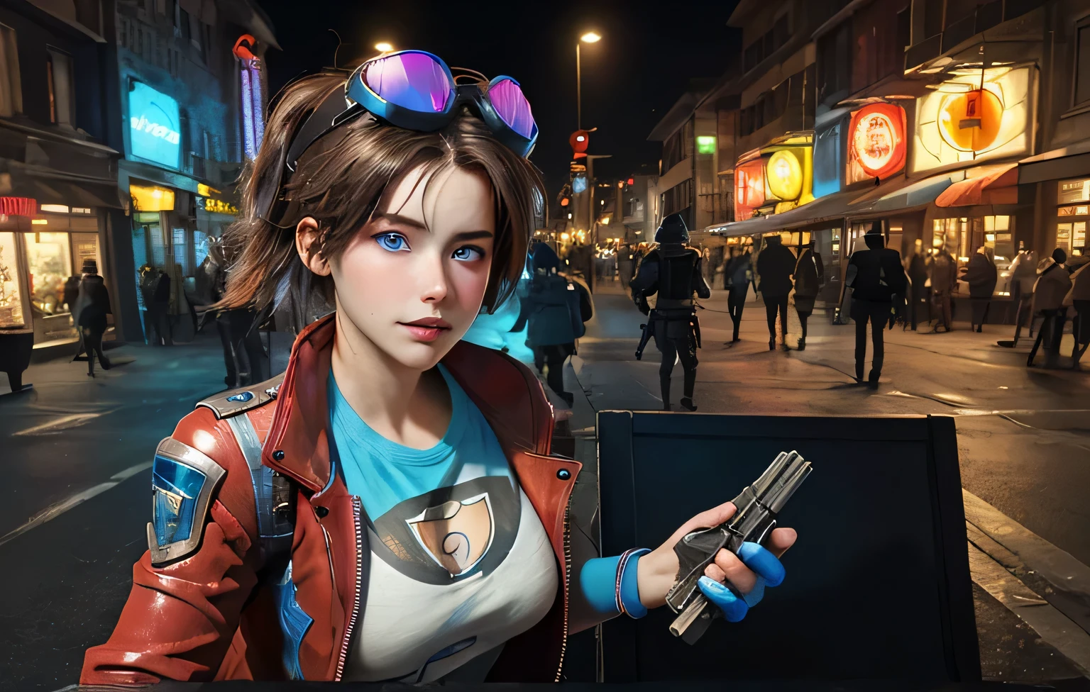 masterpiece,  best quality, (solo), 1girl, look sideways, dim light, Horizon_\(apex legends\), goggles, blue eyes, brown hair, gauntlets, shoulder armor,  headwear, red jacket,wihte t-shirt,science_fiction, outdoors, street, neon lights, cyberpunk,