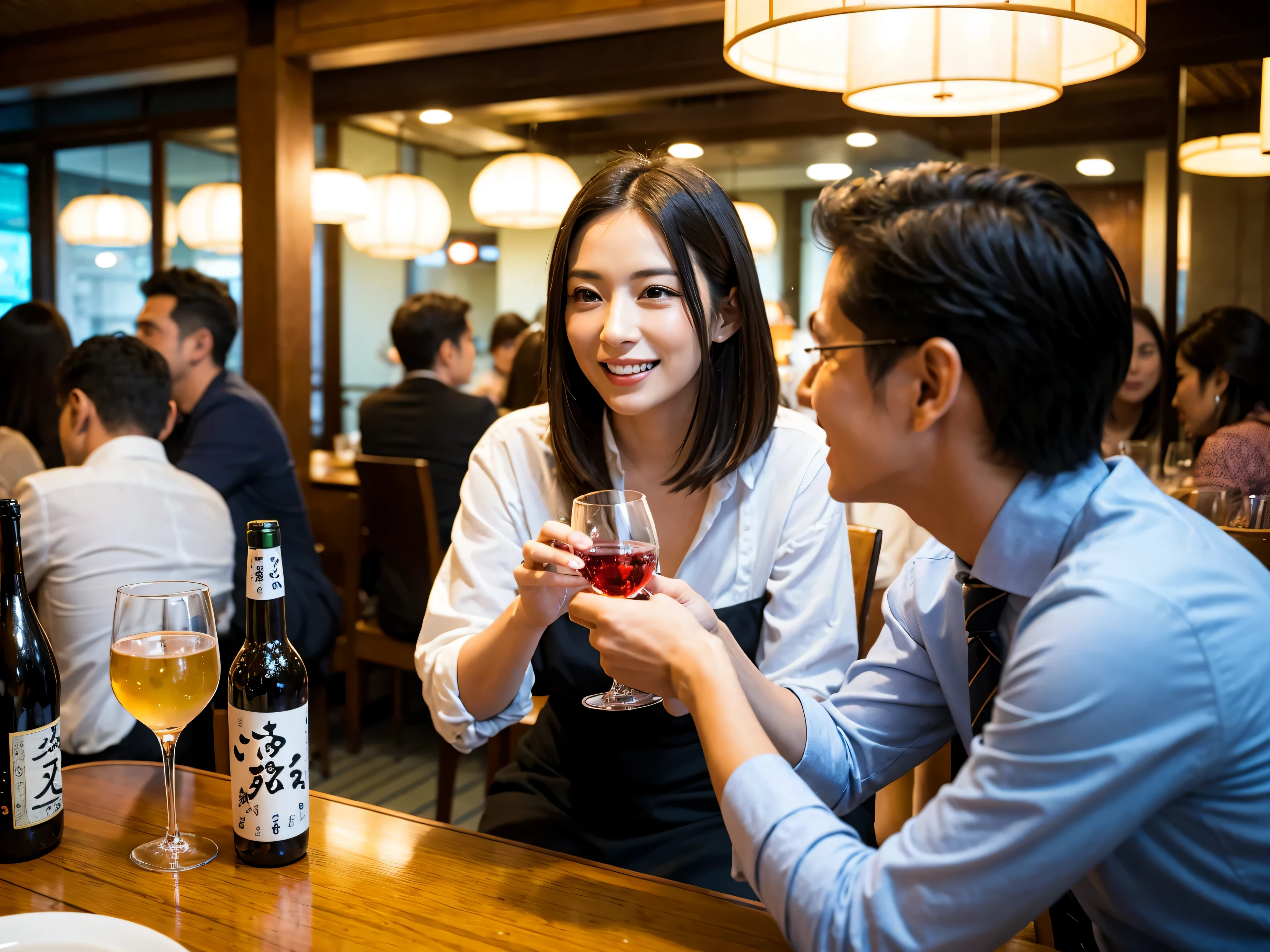 Detailed images that look like they were taken with a high-end camera、party、couple、banquet、Japan Sake Fan、I love Japanese sake、Because I&#39;m slender、Woman drinking alcohol、36 years old、38 years old、Colombia、Brazilian、Japanese、Dutch、German、Portuguese、Belgian、chiri、American、french、Spaniard、Italian、Indian、Englishman、Cut your hair short、brown hair、Beautiful woman with a glass and a cup、Sake glasses and wine glasses contain sake..、720m of Japanese sake、1.You can also see the 8L sake bottle..、There is also Choshi、adult woman in her 30s、Smiling with a beautiful smile while enjoying a drink.、The location is a hotel restaurant.、A beautiful night view of the city can be seen outside the window.、The floor is on the 1st floor、In the background you can see a man and a woman enjoying alcohol..。