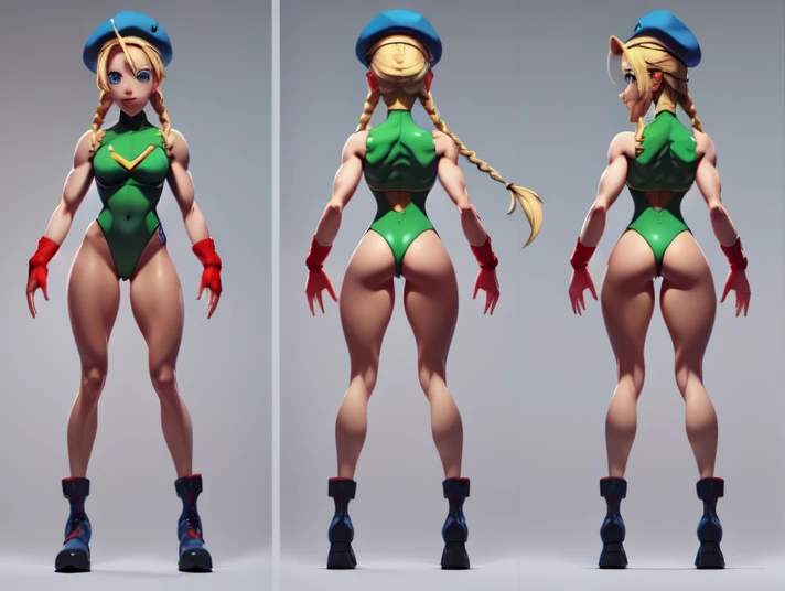 ((chara-sheet)), ((character sheet)), ((front view pose)), ((back view pose)),, ((side view pose)), turnaround, concept, poses, 1girl, cammy white, twin braids, long hair, blonde hair, antenna hair, beret, blue eyes, scar on cheek, green leotard, large breasts, sleeveless, red gloves