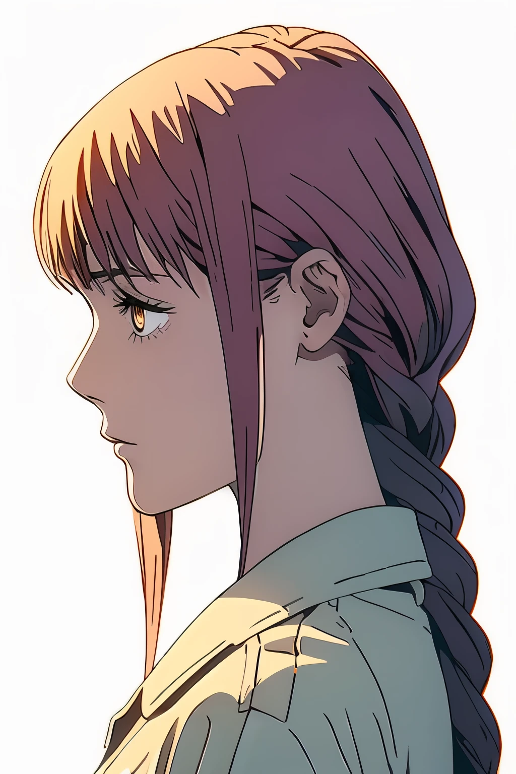 (best quality)), ((masterpiece)), (detailed), anime, Makima, ringed eyes, blond, braided ponytail, bangs, yellow eyes, sidelocks, medium hair, long hair, side view, white background