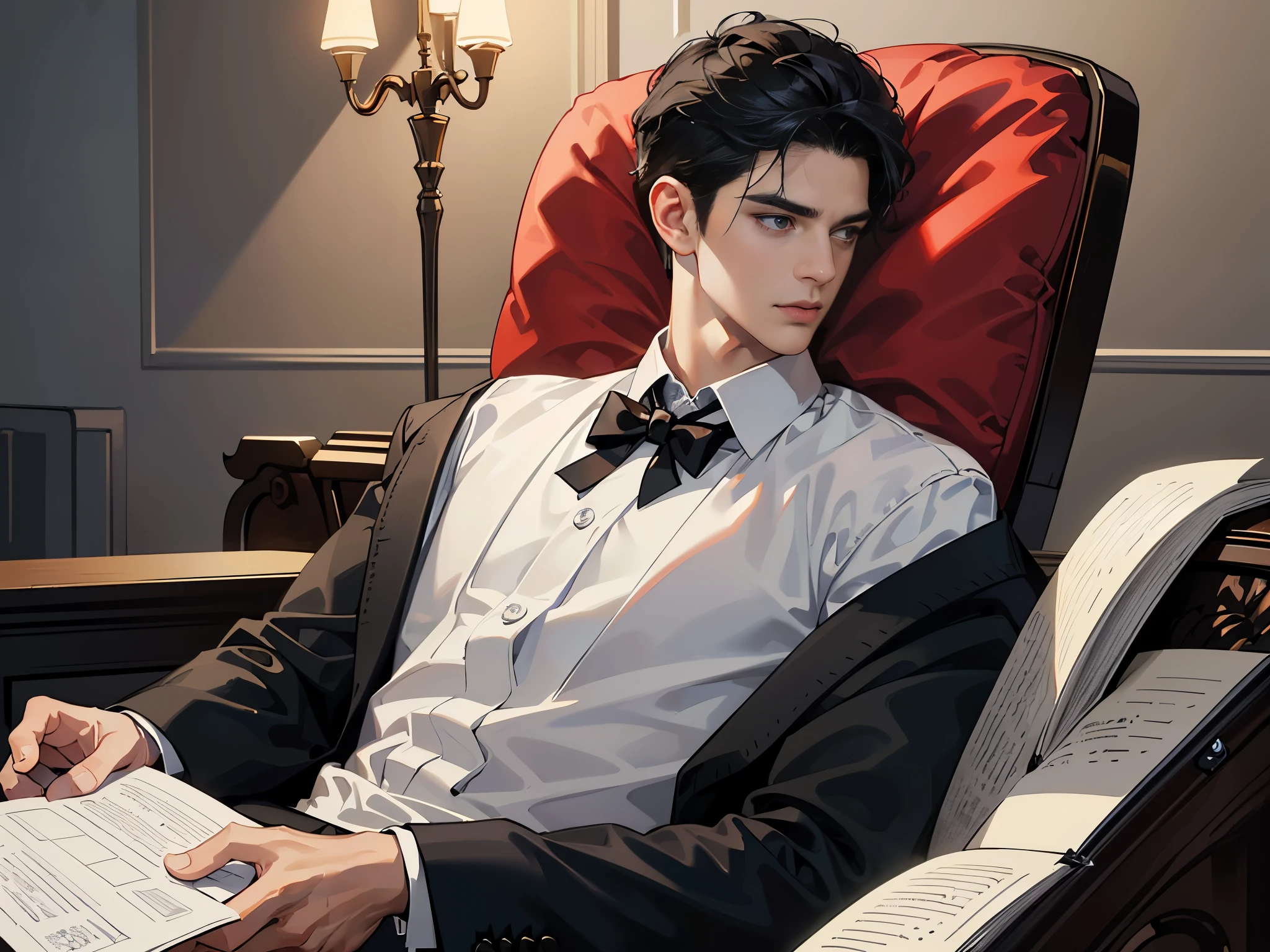 masterpiece, Excellent, Best quality，(A man with short black hair, 28 years old，lawyer，White shirt, black tie, Handsome, Cold),Inside the luxurious office，Sitting in a chair and looking at work，side，Upper body，Photographic lenses，Dramatic lighting，8k，illustration，（Can&#39;t see hands）