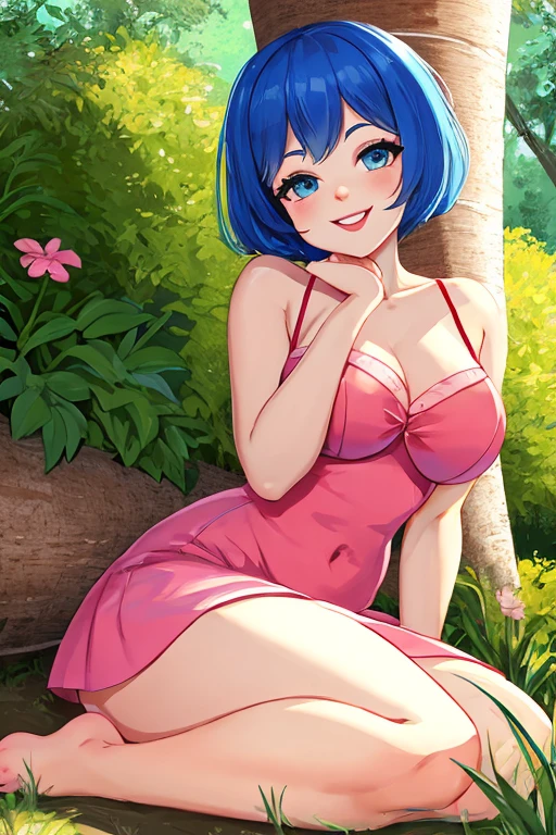 beautiful girl, bob hairstyle, blue hair, birch eyes, pleasant smile, pink dress, tight pink dress, bare thighs, bare legs, medium breasts