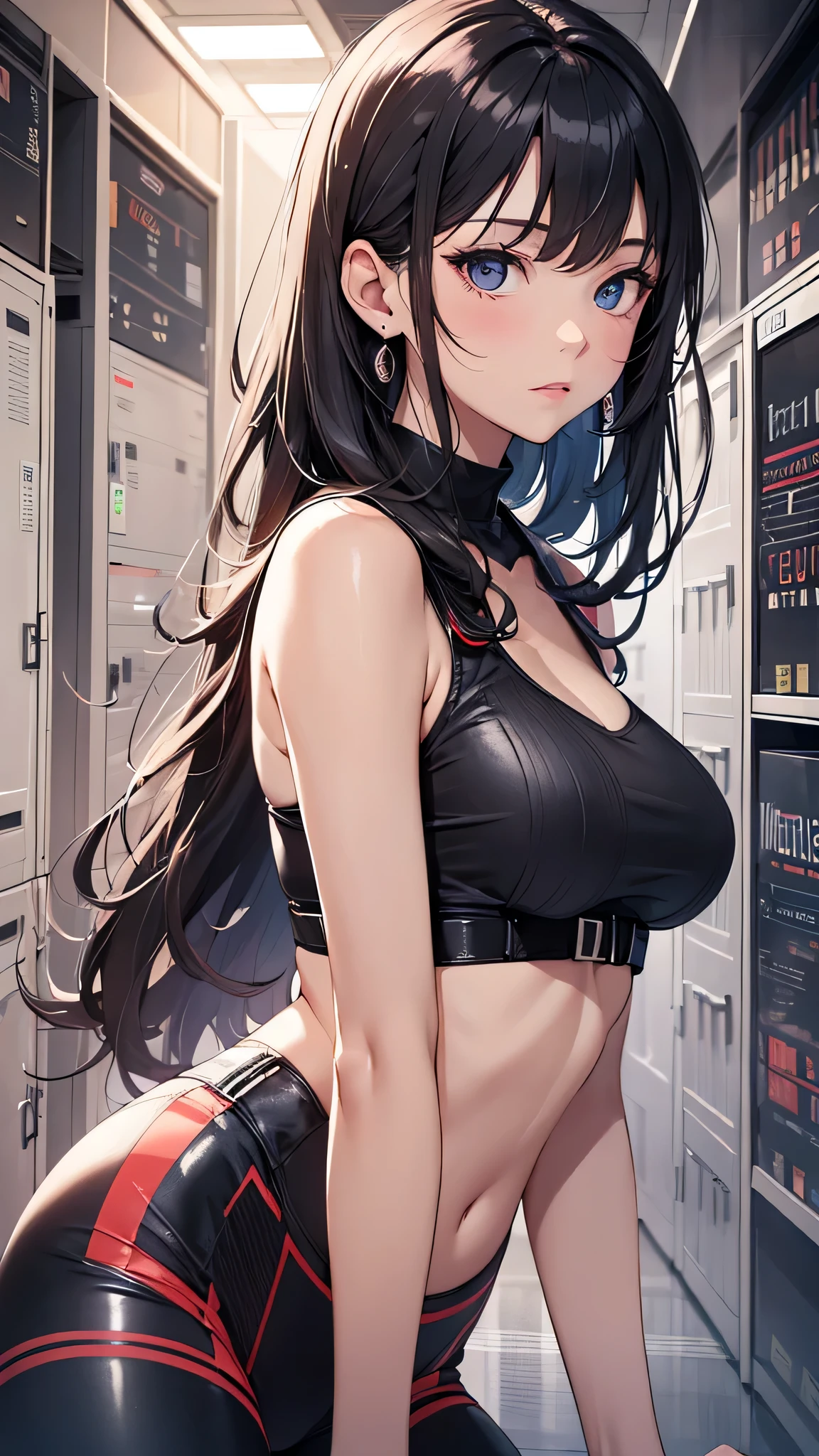 最high quality、best image quality、masterpiece、age girl((18-year-old、 By becoming、vest bust、medium bust,wide open breast tea、black eye, black hair、long hair、thin,highest valley、toned chest、Red Pilot Suit)),high quality、beautiful art、background((mechanical locker room)),debris flies、Depth of written boundary、movie、visual art、perfect art、8K,genuine