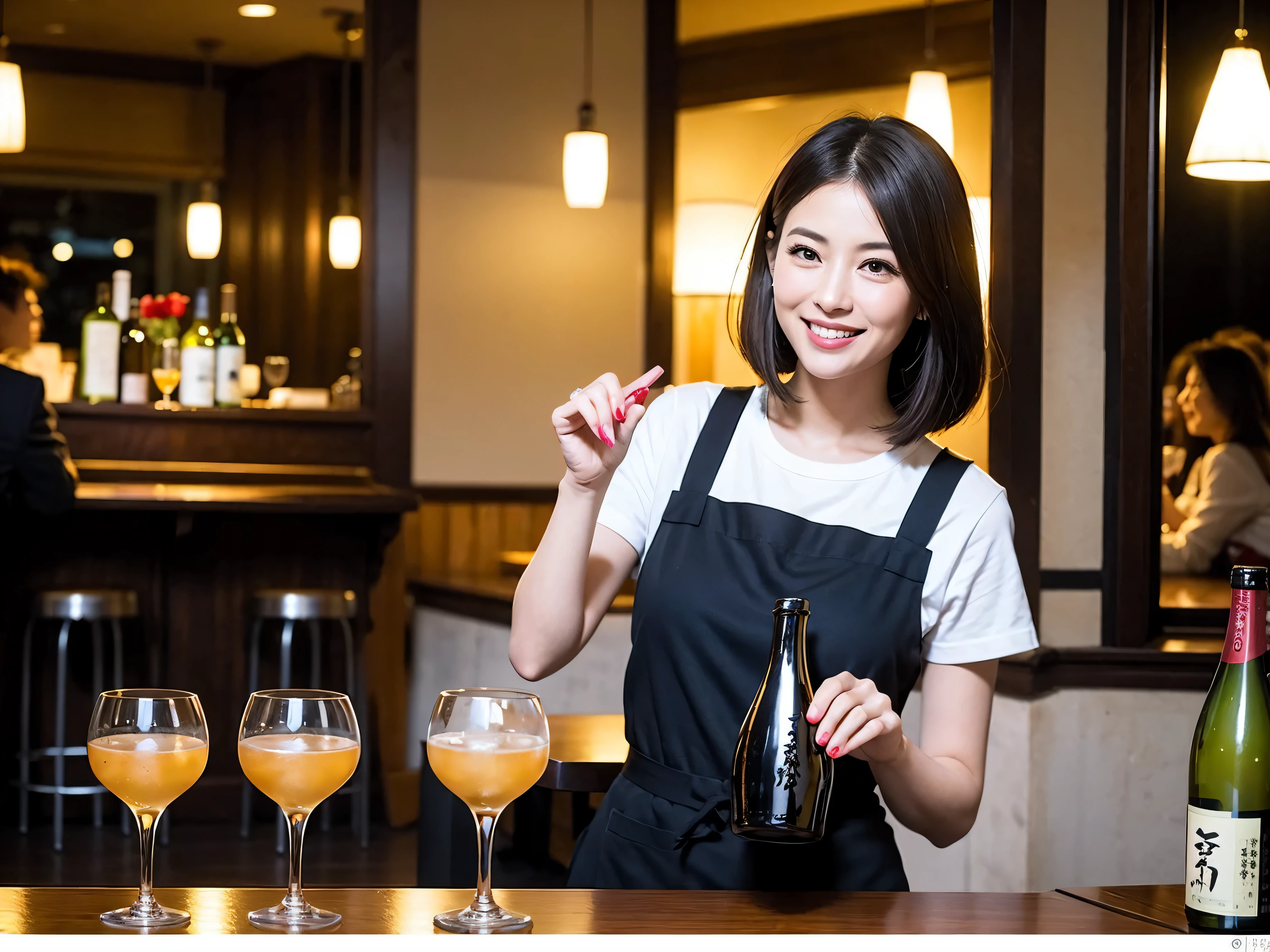 Detailed images that look like they were taken with a high-end camera、party、couple、banquet、Japan Sake Fan、I love Japanese sake、Because I'm slender、Woman drinking alcohol、36 years old、38 years old、Colombia、Brazilian、Japanese、Dutch、German、Portuguese、Belgian、chiri、American、french、Spaniard、Italian、Indian、Englishman、Cut your hair short、brown hair、Beautiful woman with a glass and a cup、Sake glasses and wine glasses contain sake..、720m of Japanese sake、1.You can also see the 8L sake bottle..、There is also Choshi、adult woman in her 30s、Smiling with a beautiful smile while enjoying a drink.、The location is a hotel restaurant.、A beautiful night view of the city can be seen outside the window.、The floor is on the 1st floor、In the background you can see a man and a woman enjoying alcohol..。
