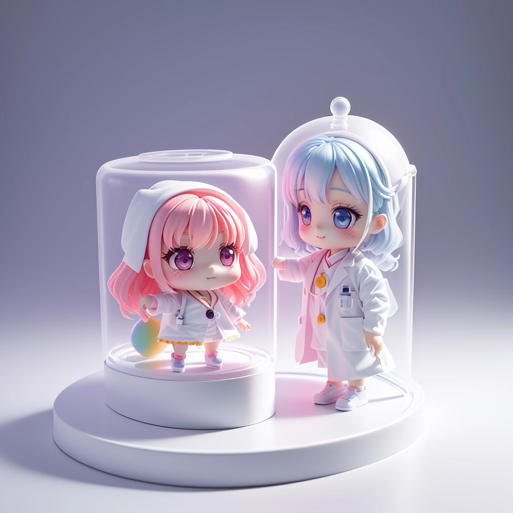 Super Lovely girl full body 3d drawing, 1pc, nice eyes, big eyes, Lovely, happy, c4d, pop matte blind box, glow的气泡, Toy, solid color background, chibi, Fluorescent translucent, glow, kawaii, Toy娃娃, ((((Home, white lab coat))), Reference table, Bubble Mart Blind Box, Pixar, intricate details, 3d rendering, mixer, Overclocked renderer, 身体Reference table, dribbble , high detail, 8k, studio lighting, Change, small, child, chibi, SD character: 1.1, magic lab background