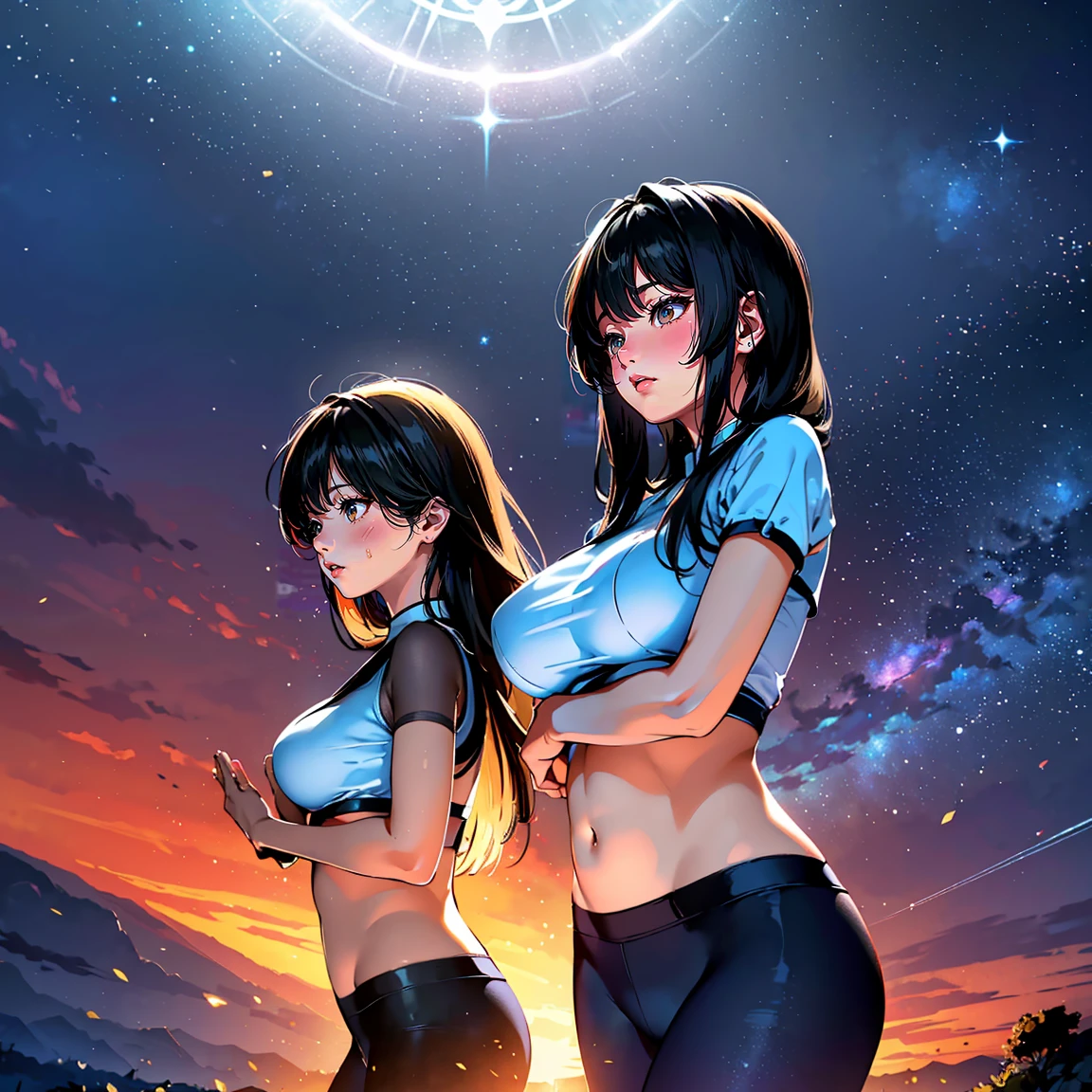 (highest quality,high resolution,(Ultra high fine mesh,4K), (ultra high resolution,8K),muste piece:1.2), (perfect anatomy,anatomically accurate), (angle from below), (soft lighting, rendering), Close ~ eyes, (two girls doing yoga), (surrounded by nature), (((Shining magic circle))), Peaceful and calm background Beautiful and detailed eyes, flowing long hair, yoga clothes, elegant pose, soft and gentle lighting, (very detailed and beautiful face), professional photography techniques, Bright colors, natural light, (very detailed and beautiful face), (large breasts:1.3), (Mysterious, Fantastic), cowboy shot, mindfulness meditation