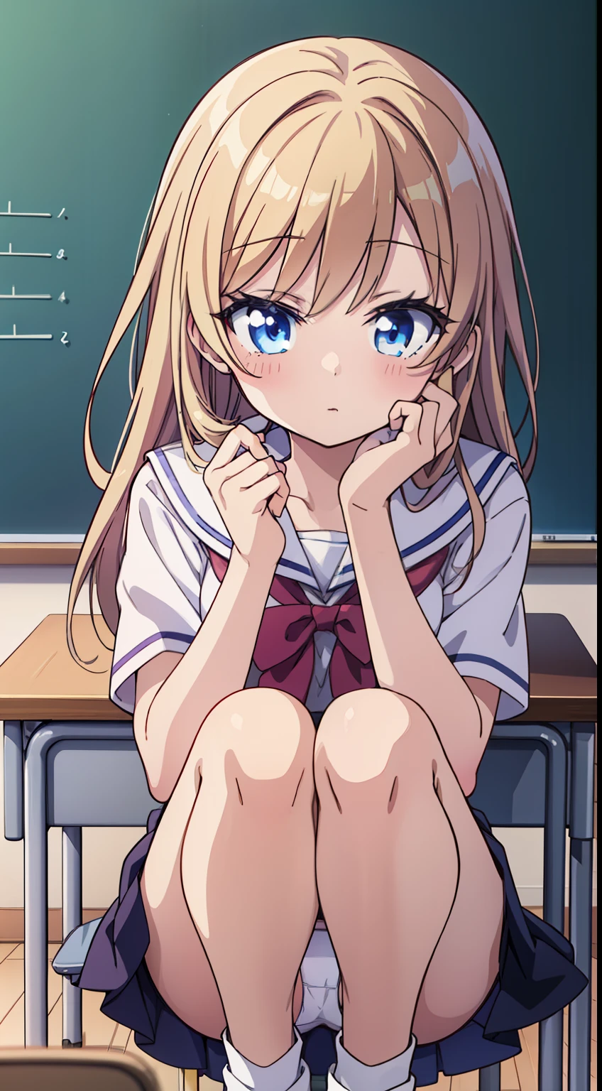 Anime girl sitting at classroom desk at blackboard, beautiful anime high school girl, cute anime girl, white panties,pretty girl, seductive anime girl, anime moe art style, Beautiful anime girl squatting, anime best girl, Smooth anime CG art, attractive anime girl, cotton panties,surreal high school girl, young anime girl