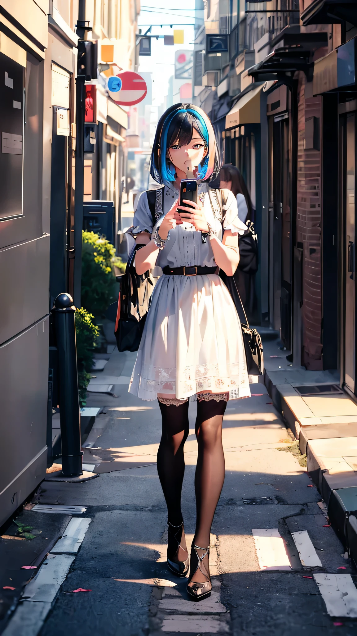 (Horizontal light and shadow, ultra high definition, higher, super detailed,masterpiece,rich and colorful,many details),((day street,1.2)),Woman in white dress standing on the street,Wearing black stockings,Looking at the mobile phone in hand,manifestations of addiction
