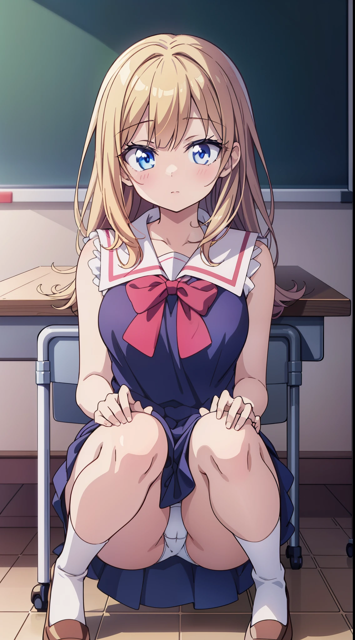 Anime girl sitting at classroom desk at blackboard, beautiful anime high school girl, cute anime girl, white panties,pretty girl, seductive anime girl, anime moe art style, Beautiful anime girl squatting, anime best girl, Smooth anime CG art, attractive anime girl, cotton panties,surreal high school girl, young anime girl