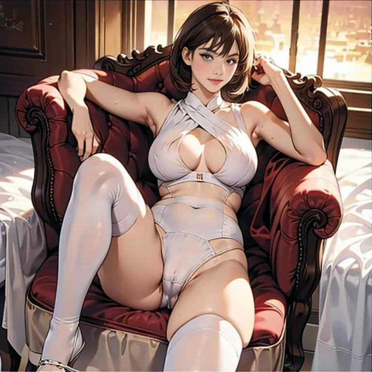 realistic, photorealistic, colorful, great lighting, ultra-detailed, dynamic angle, masterpiece,1lady, perfect face, (bright lighting:1.2),beautiful detailed eyes, extremely detailed face, perfect lighting,masterpiece, best quality,beautiful black short hair, room, sunset, straddle a chair, darkbrown Chinese dress, (White bra), ((White panties, cameltoe)) ,high-heeled shoes, stockings, glasses, ribbon, sweaty, wet body, thighs out, buttocks, large breast, slim, slender, translucent, Embarrassed expression, blush,
