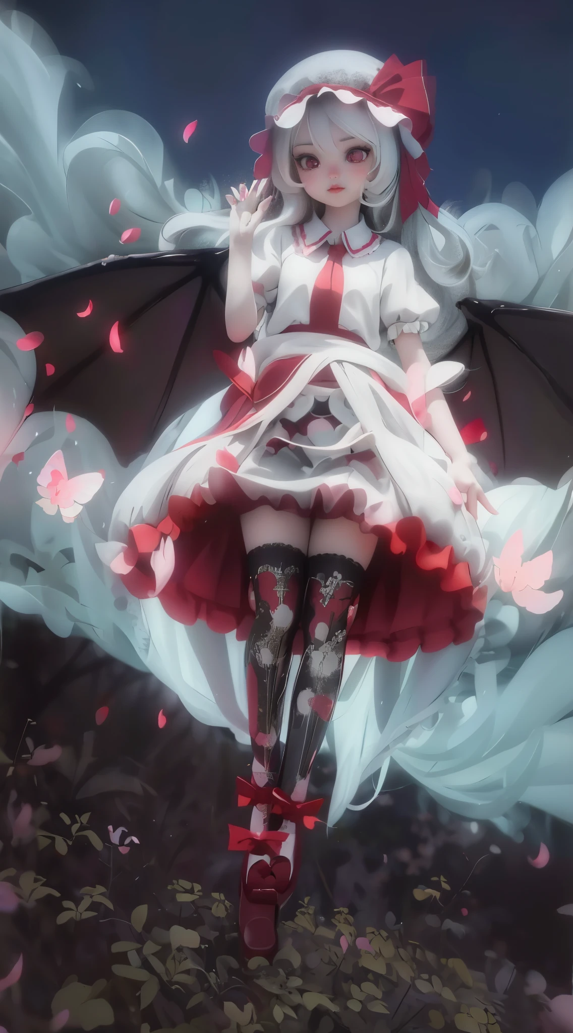 (best quality,4k,8k,highres,masterpiece:1.2),ultra-detailed,(realistic,photorealistic,photo-realistic:1.37),beautiful detailed eyes,beautiful detailed lips,extremely detailed eyes and face,long eyelashes, (girl) with vibrant red eyes,lolirl) with porcelain skin,loli (giwith a delicate smile,loli (girl) rosy cheeks,loli (girl) withg flowing blonde hair,loli (girl) in a meszing white and red dress,loli (girl) with black sings floating in mid-air,remilia scarlet,ethereal atmosphere,magic ambiance,soft lighting,loli (girl) surrounded by ch blossom petals,loli (girl) with butterfly wingsi (girl) casting a spell,subtle gilluminating the scene,lively colors,paint brush strokes,textured background,dreamy and whimsical style,anime aesthetic,vivid colors,graceful posture,peaceful and serene landscape.