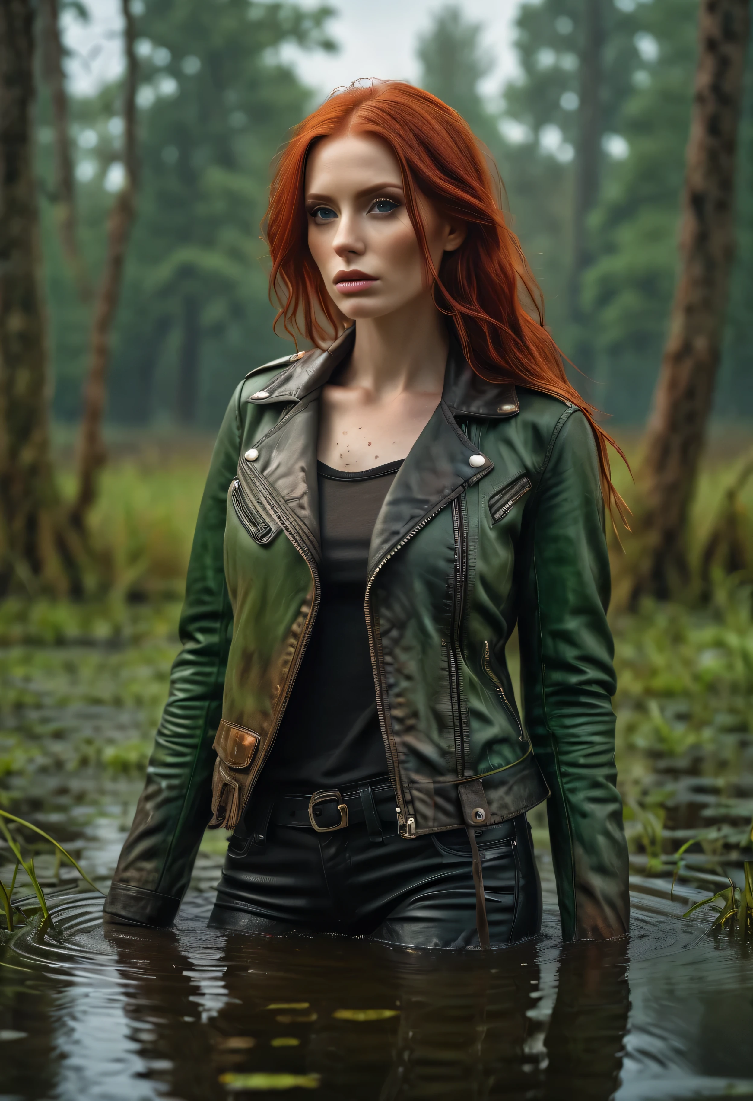 (red-haired woman,woman with red hair,woman with beautiful red hair,black+brown shabby old leather jacket,weird clothes,drown in a swamp,swampy environment,green and murky water)(best quality,4k,8k,highres,masterpiece:1.2),ultra-detailed,(realistic,photorealistic,photo-realistic:1.37),HDR,UHD,studio lighting,ultra-fine painting,sharp focus,physically-based rendering,extreme detail description,professional,vivid colors,bokeh,swampy colors,moody lighting