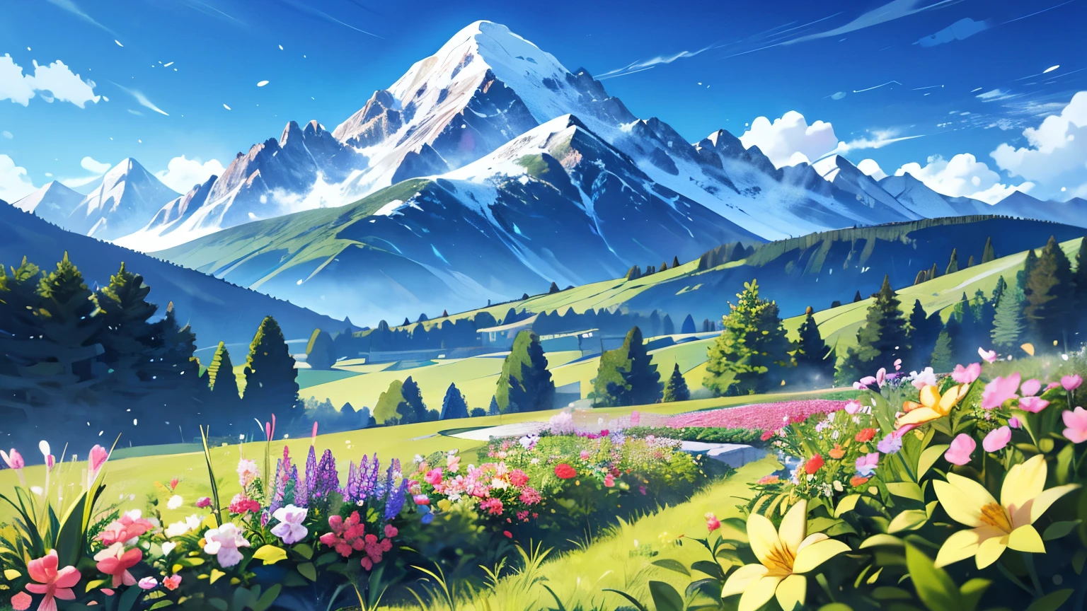 Looking up,garden,With small flowers as the foreground,Mountains in the distance,Large depth of field
