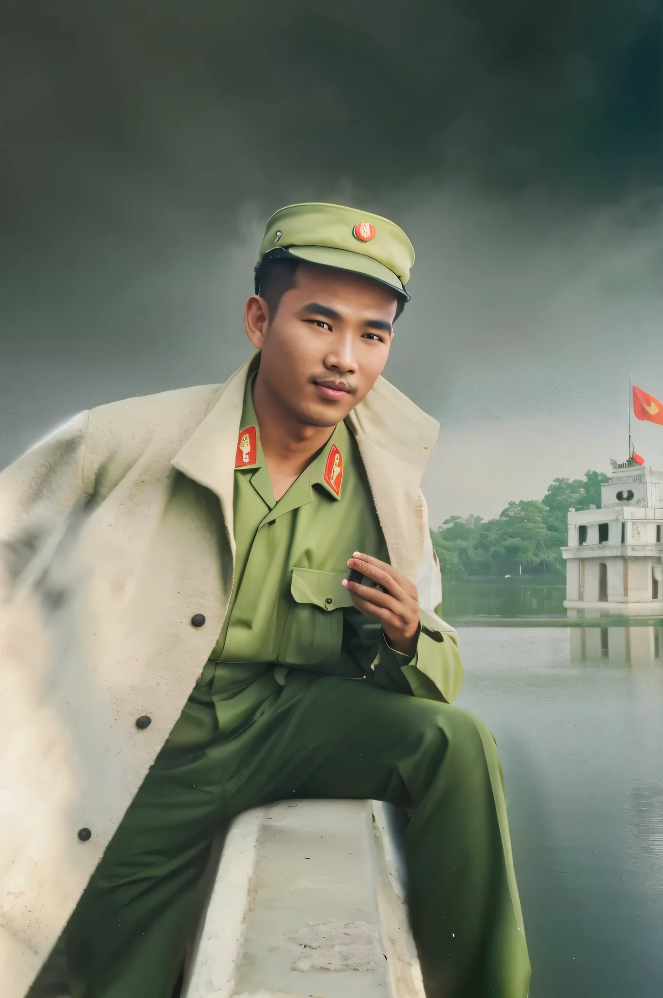 homme, tenant une cigarette au doigt, porter un uniforme de l'Vietnamese army, Paysage du lac Hoan Kiem