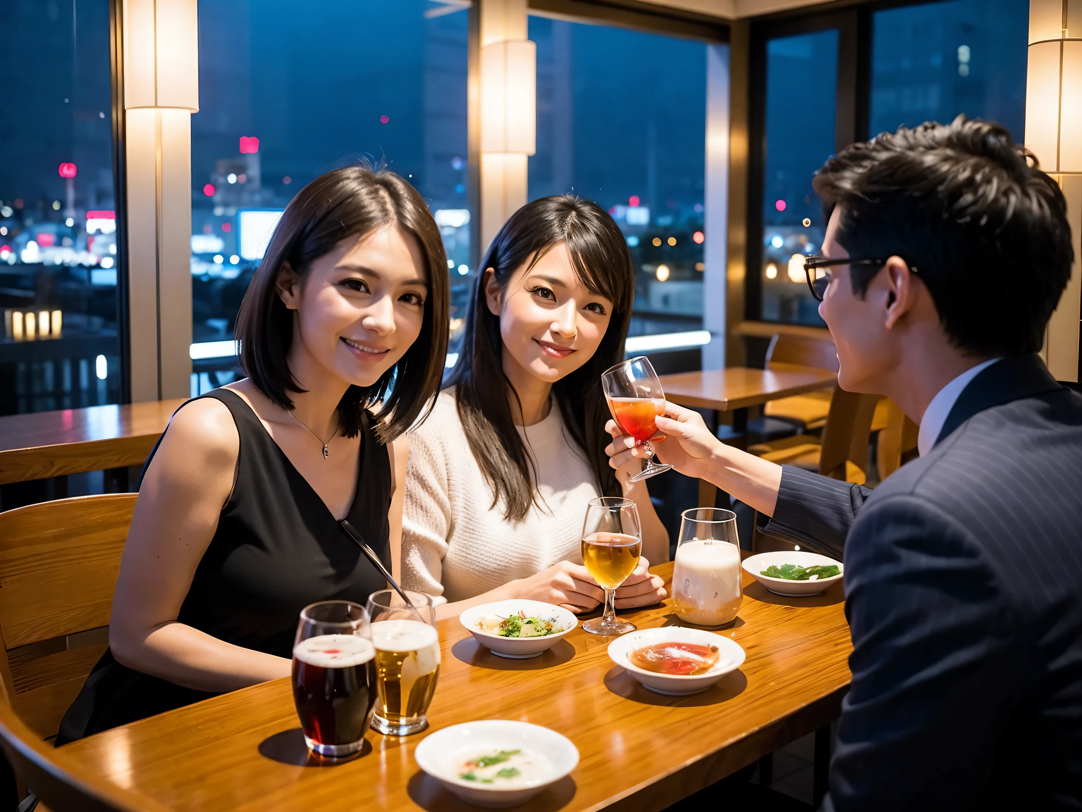 Detailed images that look like they were taken with a high-end camera、party、couple、banquet、Japan Sake Fan、I love Japanese sake、Because I&#39;m slender、Woman drinking alcohol、36 years old、38 years old、Colombia、Brazilian、Japanese、Dutch、German、Portuguese、Belgian、chiri、American、french、Spaniard、Italian、Indian、Englishman、Cut your hair short、brown hair、Beautiful woman with a glass and a cup、Sake glasses and wine glasses contain sake..、720m of Japanese sake、1.You can also see the 8L sake bottle..、There is also Choshi、adult woman in her 30s、Smiling with a beautiful smile while enjoying a drink.、The location is a hotel restaurant.、A beautiful night view of the city can be seen outside the window.、The floor is on the 1st floor、In the background you can see a man and a woman enjoying alcohol..。