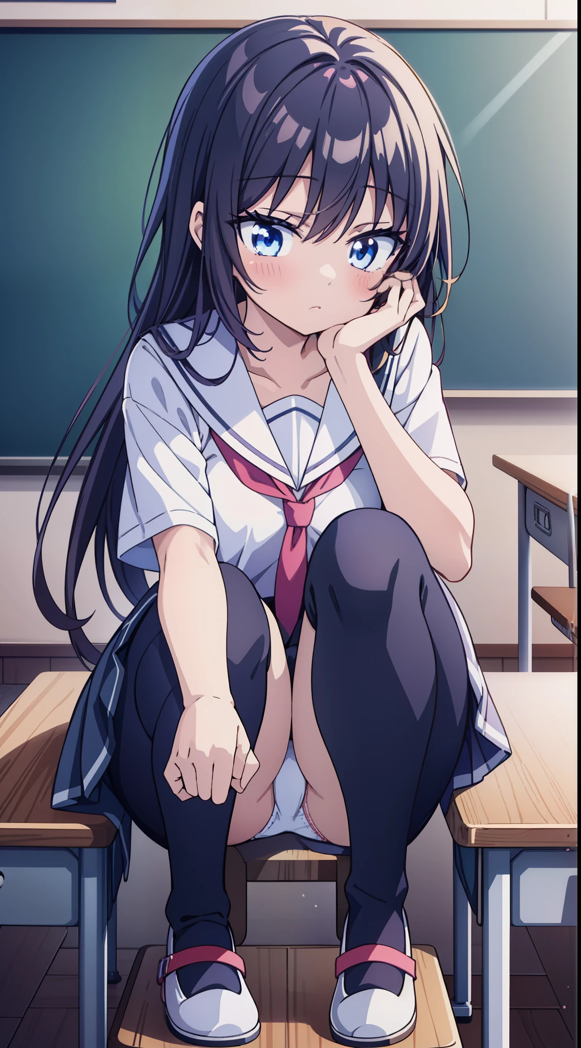 Anime girl sitting at classroom desk at blackboard, beautiful anime high school girl, cute anime girl, white panties,pretty girl, seductive anime girl, anime moe art style, Beautiful anime girl squatting, anime best girl, Smooth anime CG art, attractive anime girl, cotton panties,surreal high school girl, young anime girl