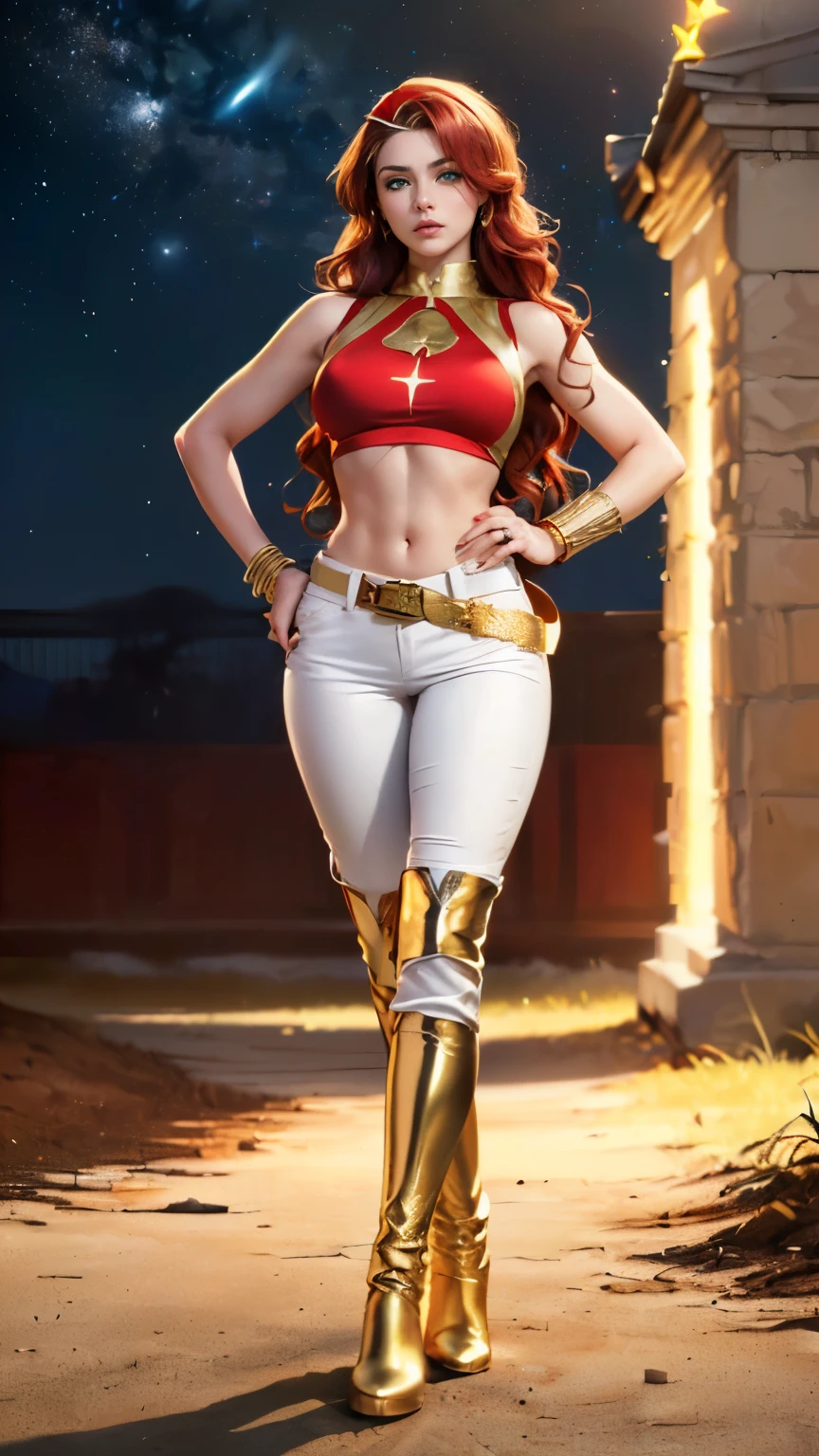 ((realistic) (cinematic) (A beautiful female Turkish superhero , (green eyes) and (long dark brown wavy hair), she wears a (red head band on her forehead) wears a (red sleeveless outfit with a star symbol on her chest) (, with gold bracelets and a gold belt) (midriff) (White pants) (long red knee boots) 8K UHD (full body)