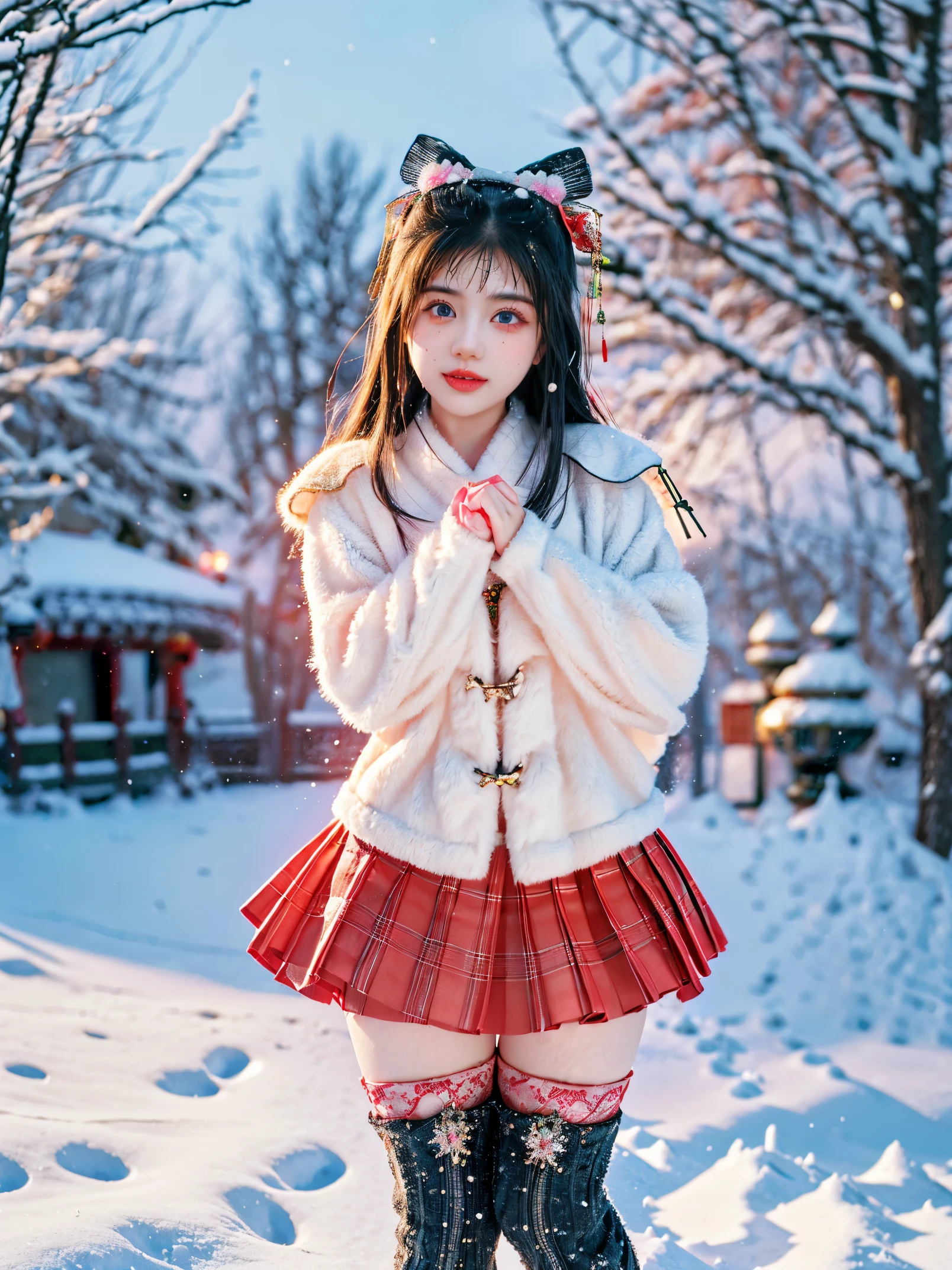 A charming and whimsical depiction of a dream girlfriend in a winter wonderland. She is dressed in a pleated mini skirt with warm winter clothing, embodying both cuteness and innocence. Her cheeks are rosy from the cold, and her eyes sparkle with joy. The girl is captured in a dynamic, playful pose, perhaps mid-movement, with the sound of her footsteps crunching in the snow. The scene is set in a breathtaking snowy landscape, with falling snowflakes, frosted trees, and a soft snowy texture underfoot. Her smile is innocent and dreamy, perfectly encapsulating the idea of a lifelong companion in a dreamlike winter setting, (花卉水彩画:1.5)，(Super high saturation, bright and vivid colors:1.5), (nsfw), (正面看着观众:1.5)