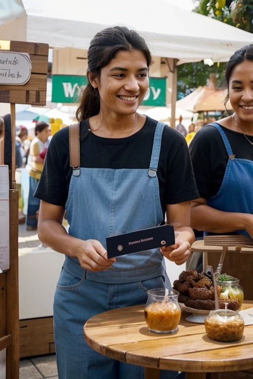 Have a welcoming and open stance, perhaps leaning slightly forward on the counter, signaling readiness to engage.
Maintain a relaxed and friendly facial expression, with a smile and eye contact.
Arrange their stall to create a small space where customers can comfortably stand and chat without blocking the path for others.
Display products in a way that invites questions and discussion, like placing interesting or unique items at the front.
Keep their tone light and conversational, showing enthusiasm for their products and an interest in their customers' thoughts and stories.