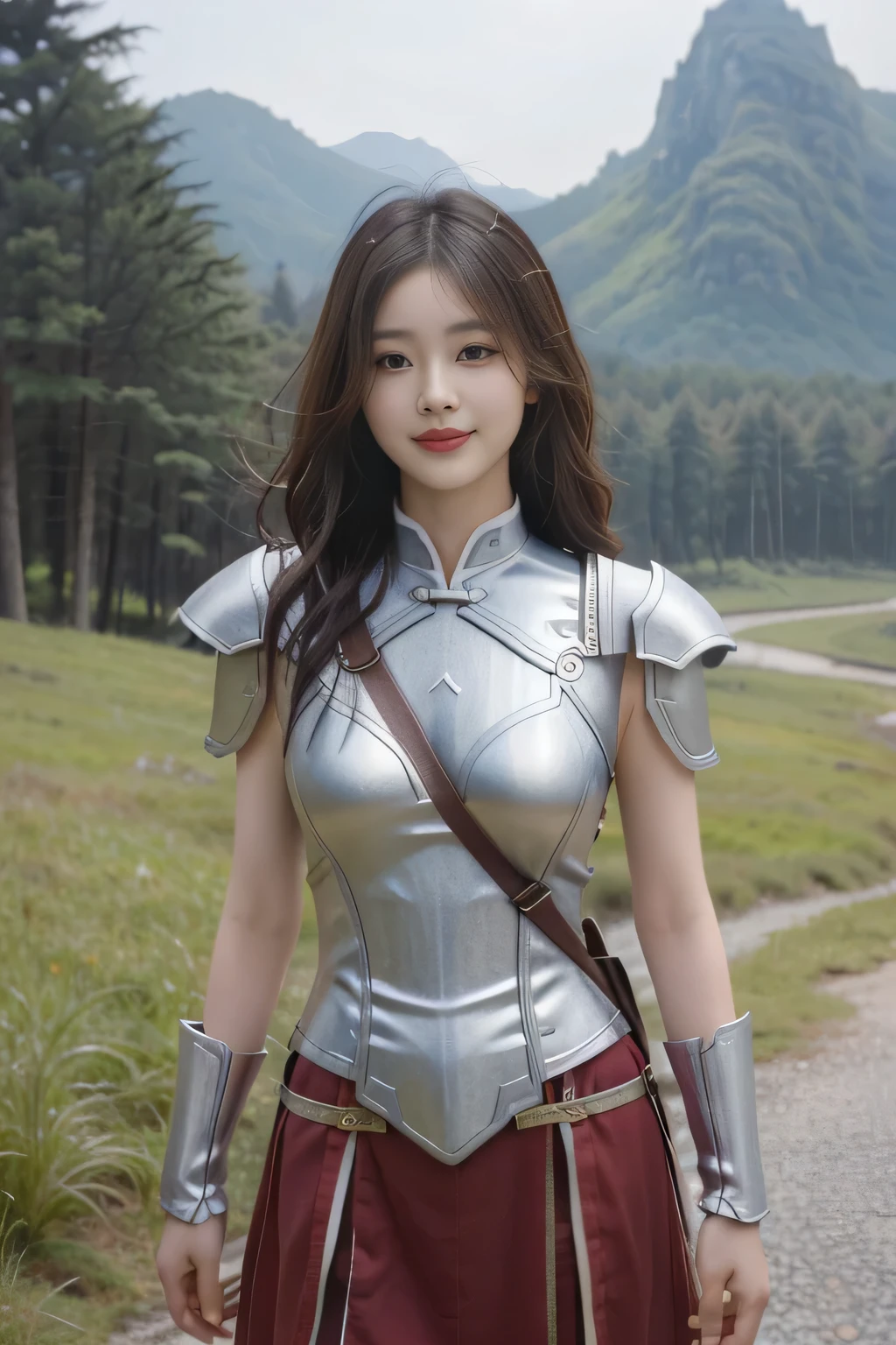 Chinese female general Hua Mulan,Reddish brown silver armor,wilderness background,majestic,Smile(The corners of the mouth are raised),Half body photo。There is no shadow on the face,Hair upturned。