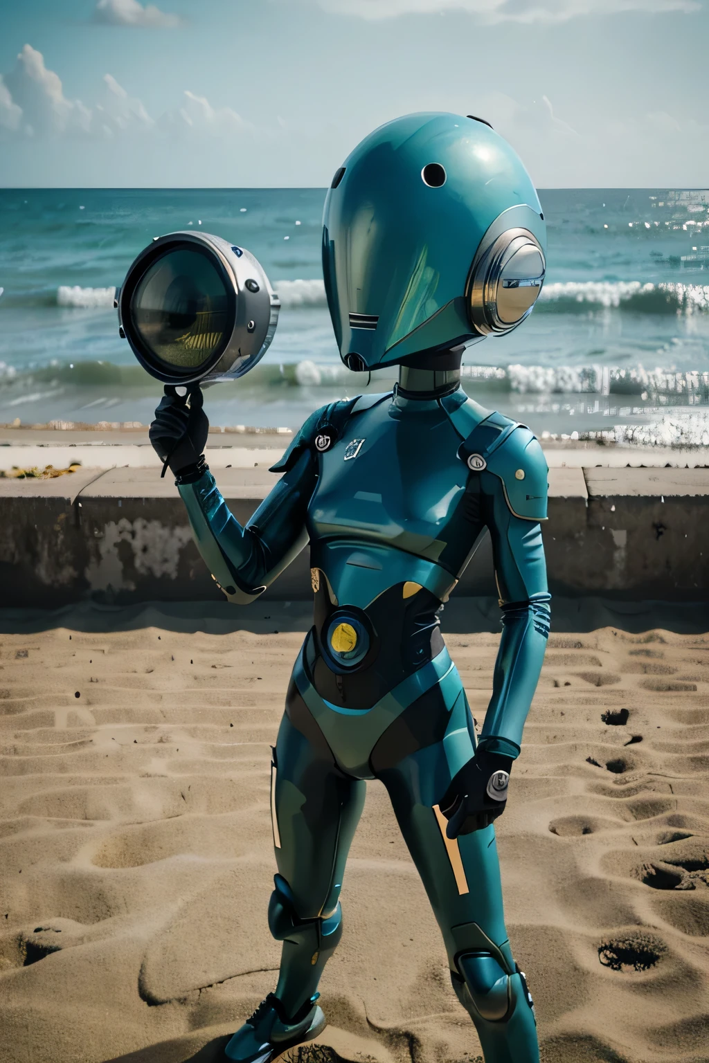 Un dibujo animado plano moderno Loco con un Big ONE, un robot con un solo ojo y un estilo de casco., Pinzas en las manos, Cabeza de TV, cabeza de alfiler, camuflaje Amarillo cian Oxidado, Ambiente en una PLAYA super detallado, centro, hermoso, Soft lighting, Centrado en el personaje, 4k resolution, photorealistic representation.