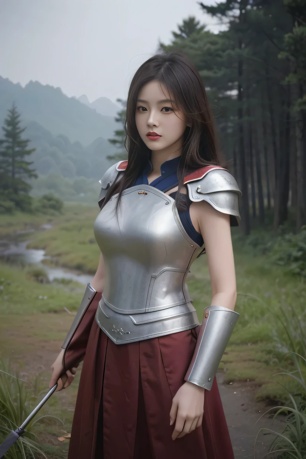 Chinese female general Hua Mulan，Reddish brown silver armor，wilderness background，majestic，Half body photo。There is no shadow on the face，Angry eyes