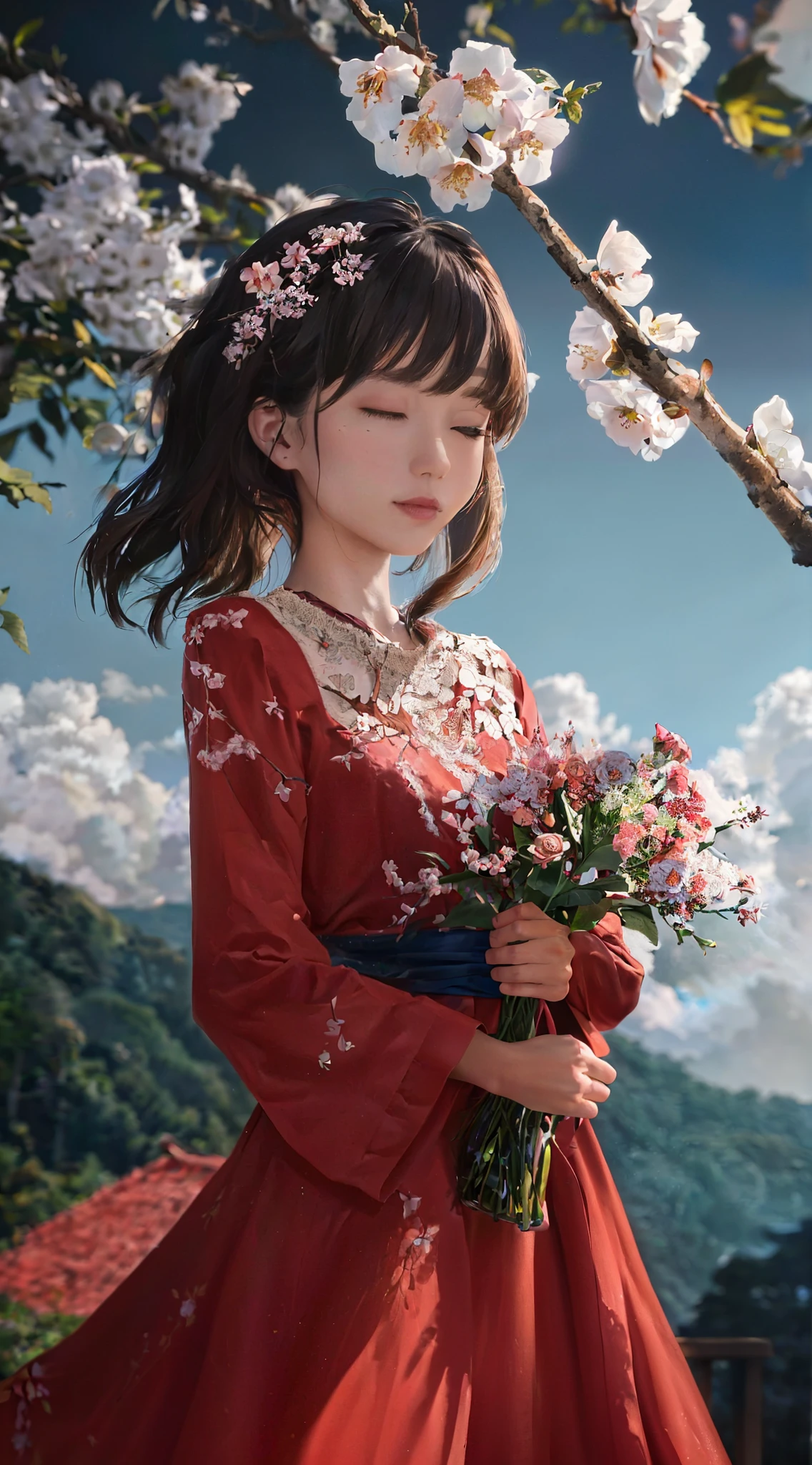 (out from the branches, illuminating the scene), puffy clouds in the sky, vibrant red and white flowers blooming around her, a gentle breeze swaying her hair, and a sense of tranquility in the air. (best quality, ultra-detailed), oil painting style, warm color tones, soft and diffused lighting.