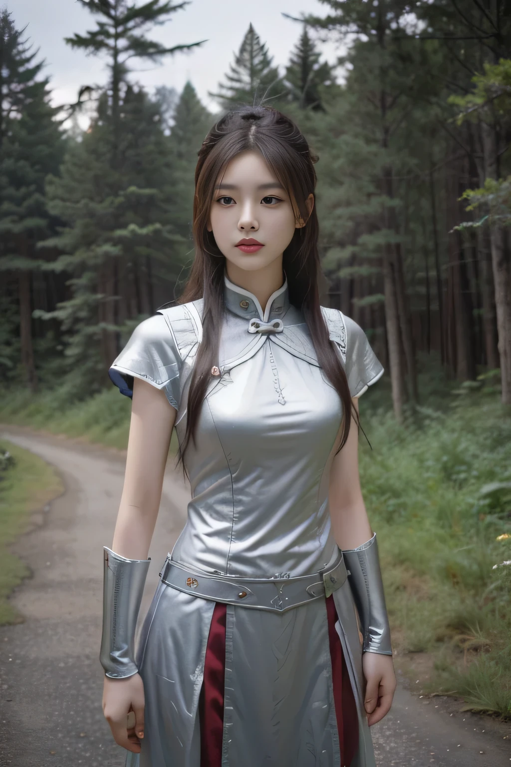 Chinese female general Hua Mulan,Reddish brown silver armor,wilderness background,majestic,Half body photo。There is no shadow on the face,Angry eyes